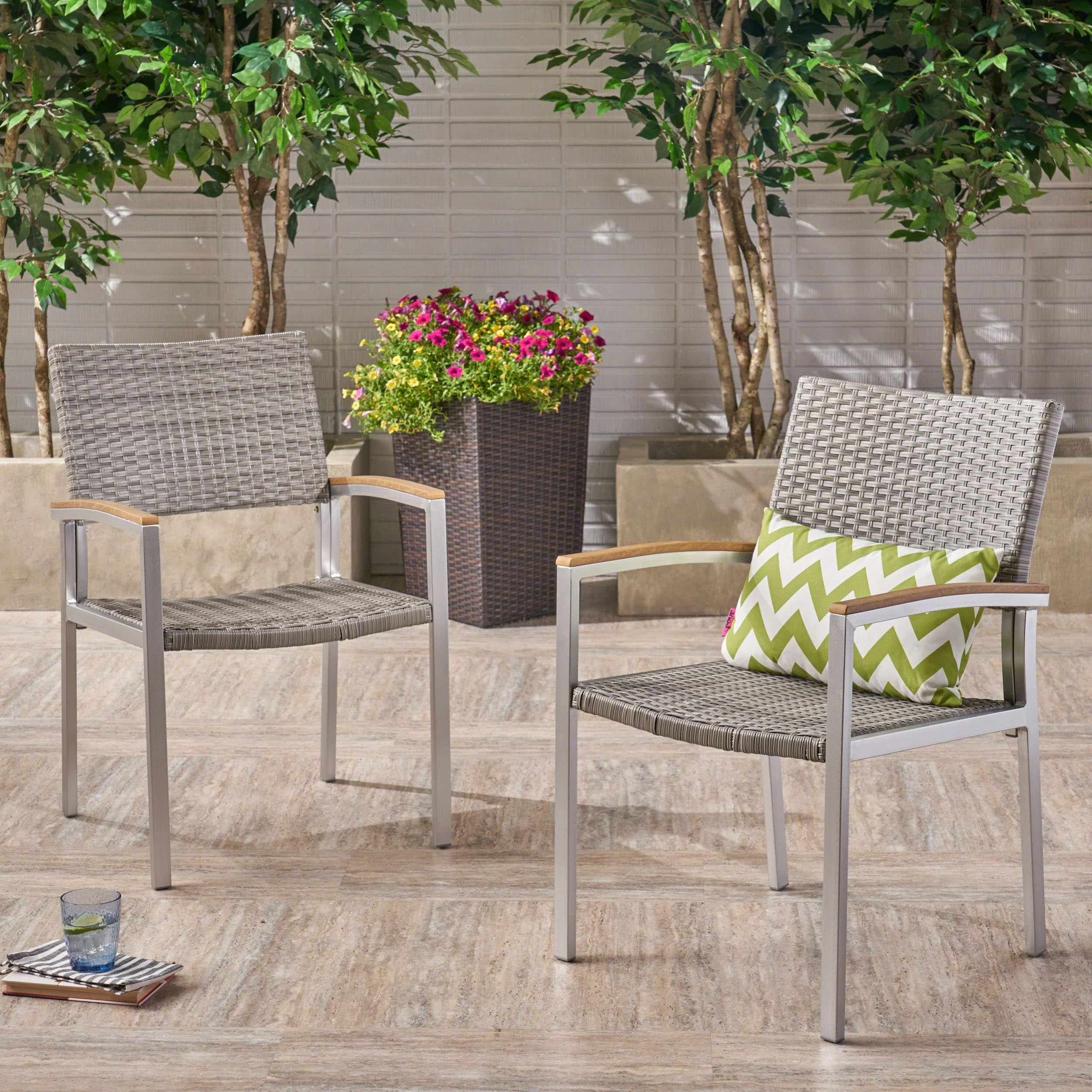 Swarthmore Outdoor Aluminum Dining Chairs with Faux Wood Accents - furnishings