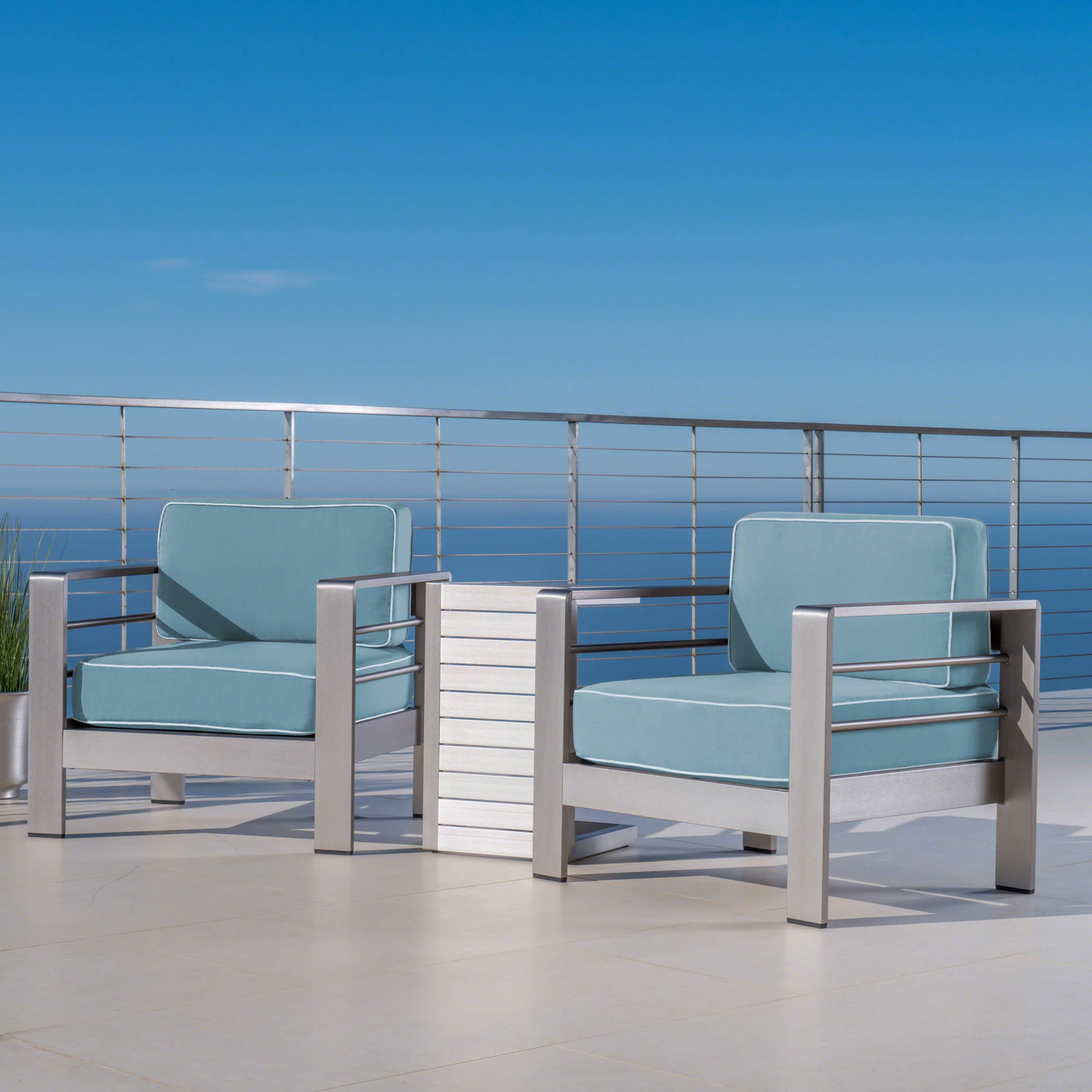 Crested Bay Outdoor 3 Piece Aluminum Framed Chat Set with Wicker C-Shaped Side Table - furnishings