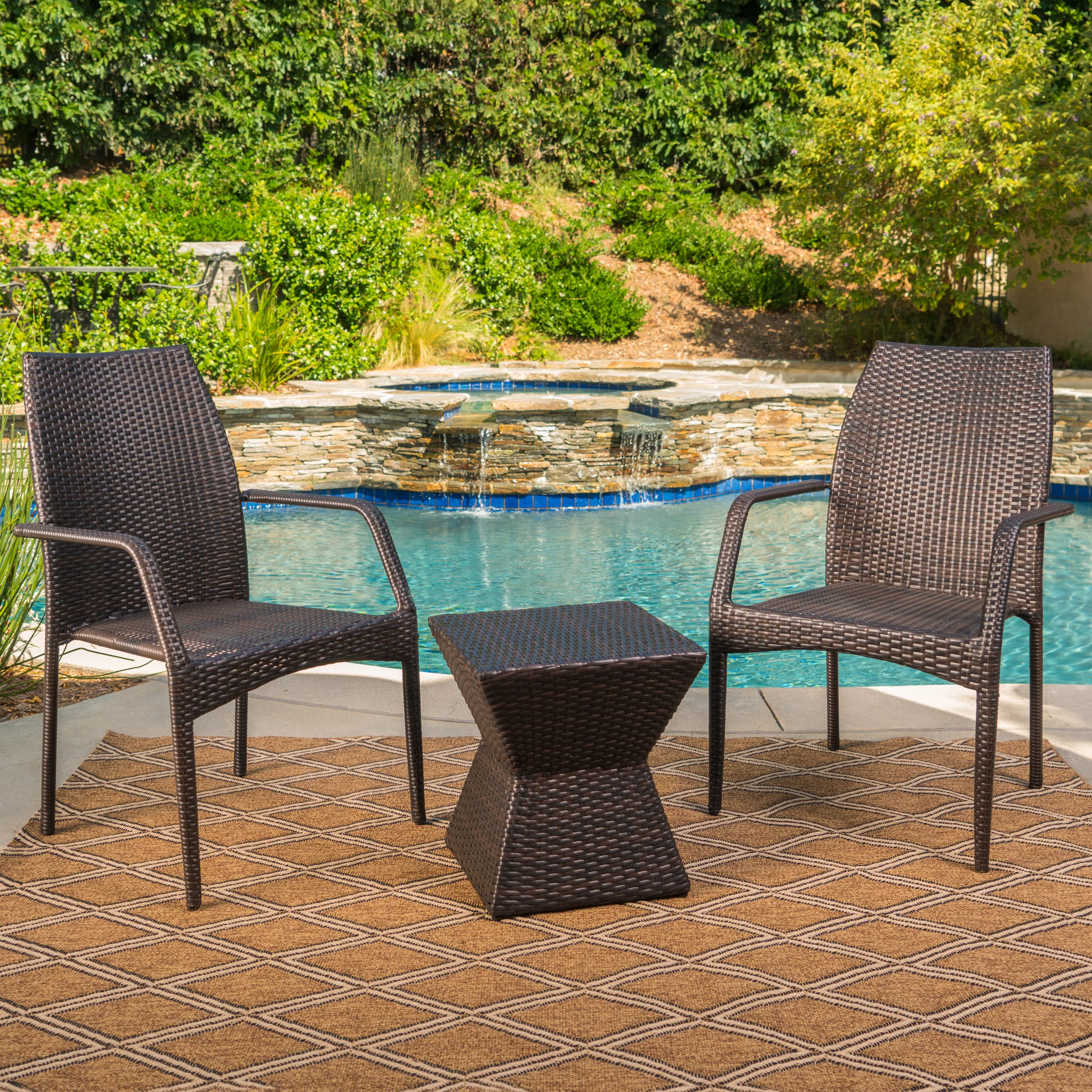 Ralsey Outdoor 3 Piece Multi-Brown Wicker Chat Set with Stacking Chairs - furnishings