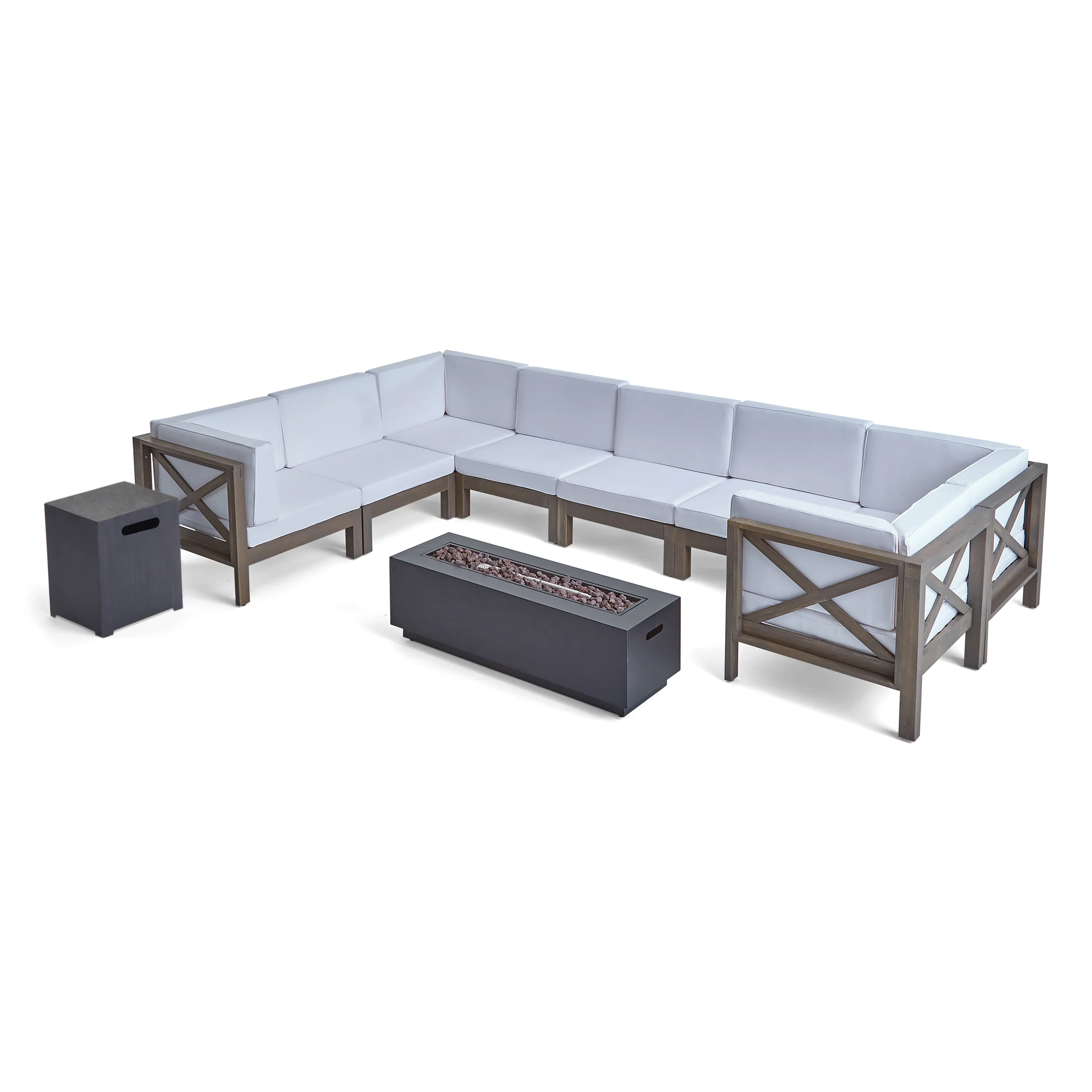 Muriel Outdoor Farmhouse Acacia Wood 8 Seater U-Shaped Sectional Sofa Set with Fire Pit - furnishings