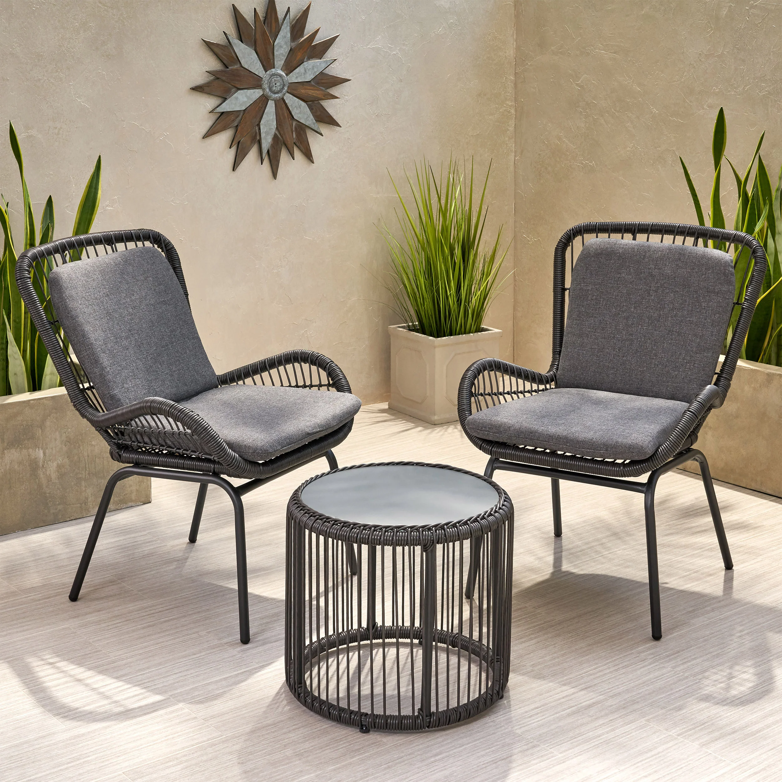 Averyrose Outdoor Wicker Chat Set with Cushions - furnishings