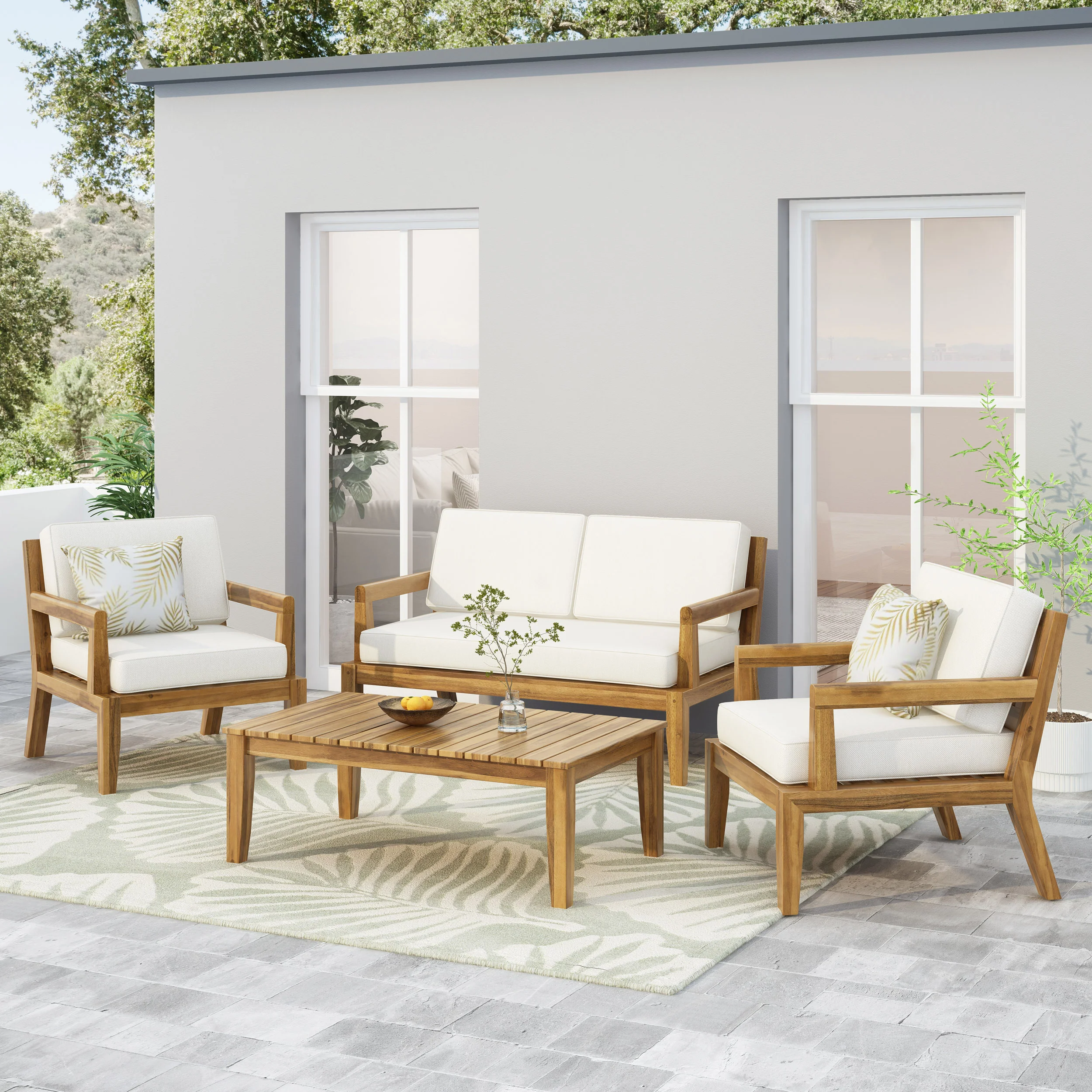 Camak Rossville Outdoor Acacia Wood Chat Set, Teak and Beige - furnishings