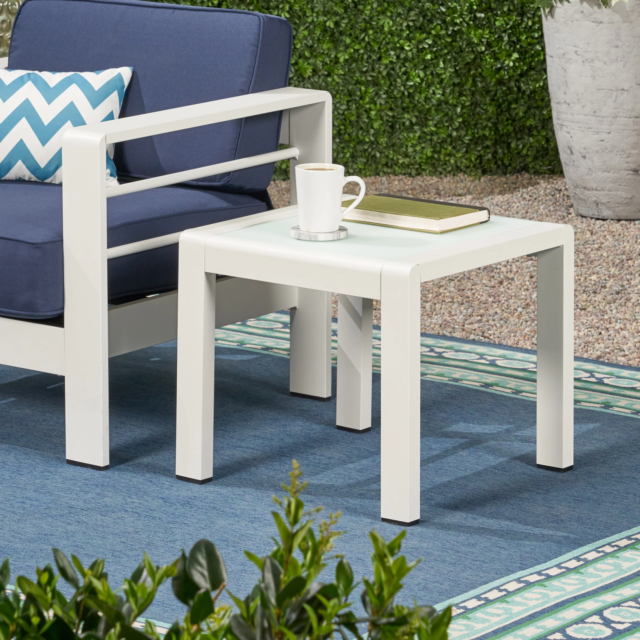 Giovanna Coral Outdoor Aluminum Side Table with Glass Top - furnishings