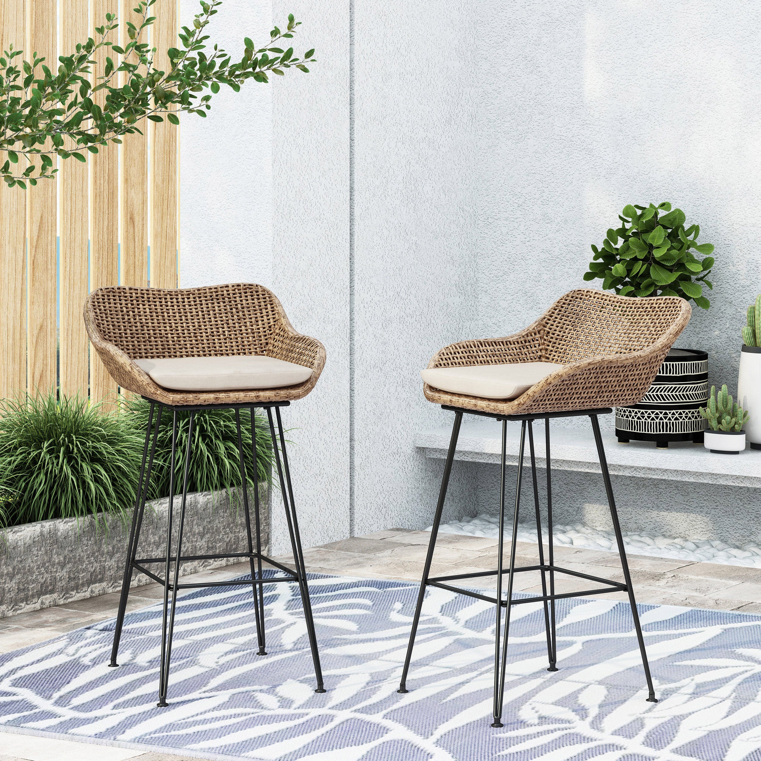 Pondway Outdoor Wicker and Iron Barstools with Cushion, Set of 2 - furnishings