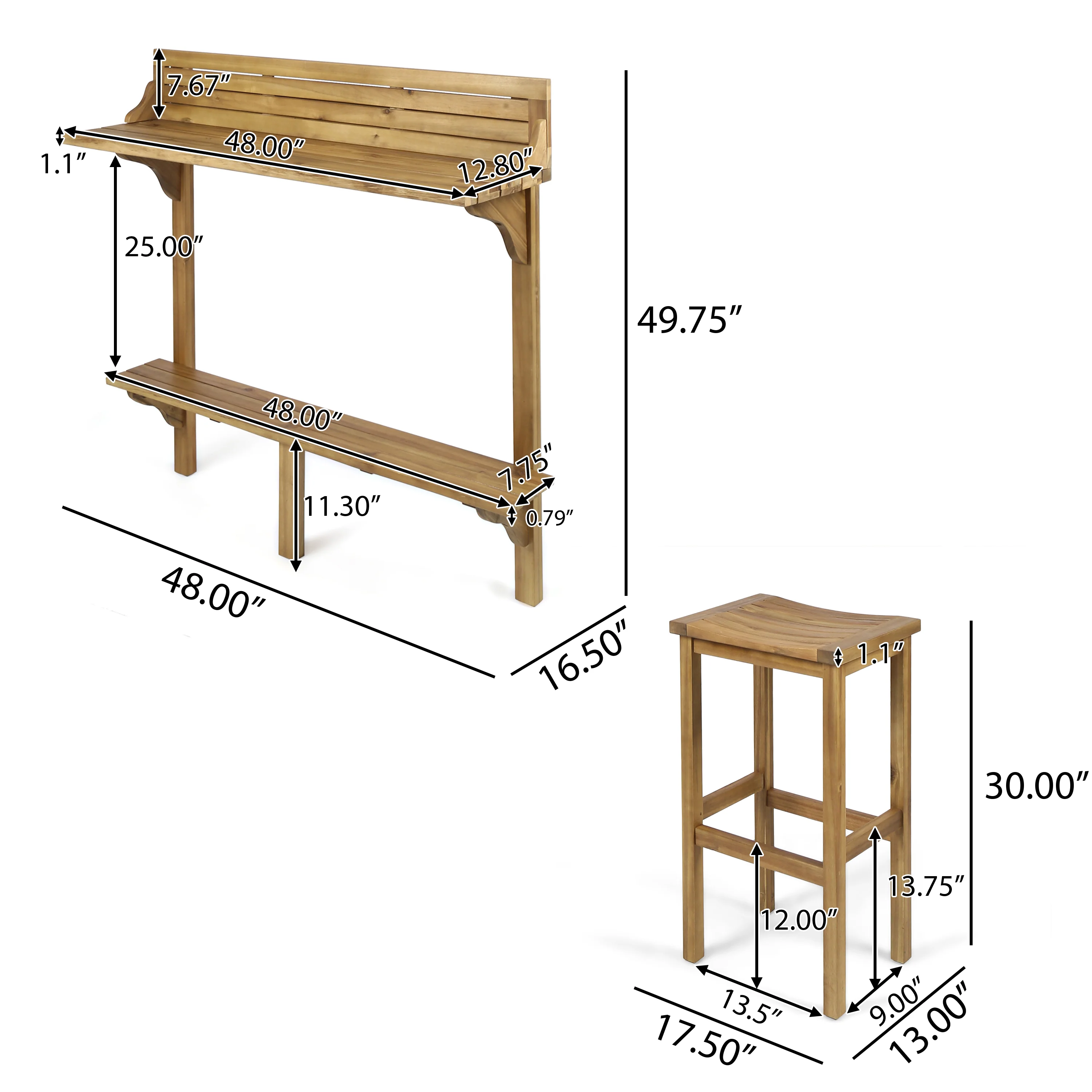 Pensacola Outdoor 3 Piece Acacia Wood Balcony Bar Set - furnishings