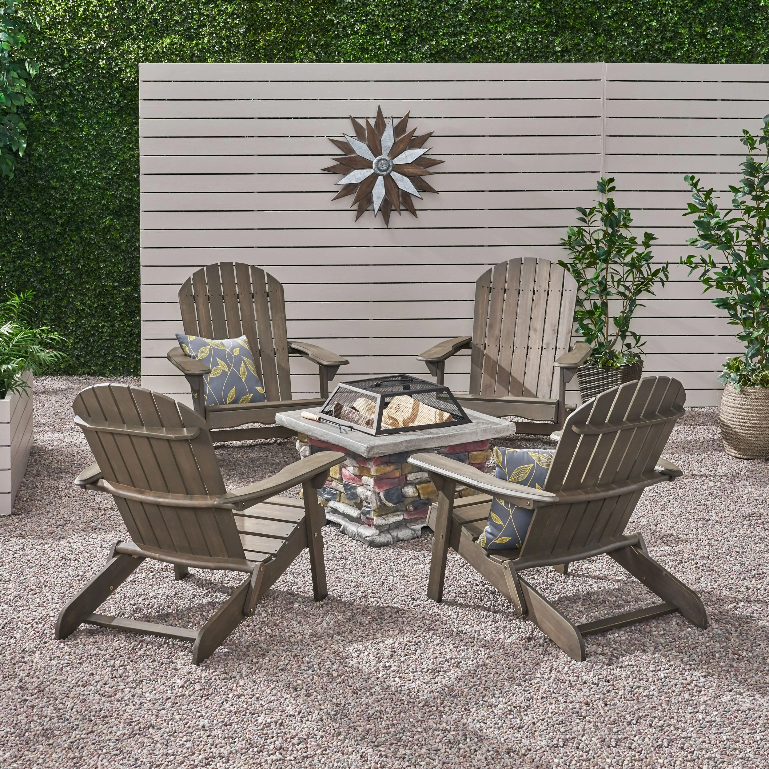 Benson Outdoor 5 Piece Acacia Wood/ Light Weight Concrete Adirondack Chair Set with Fire Pit - furnishings