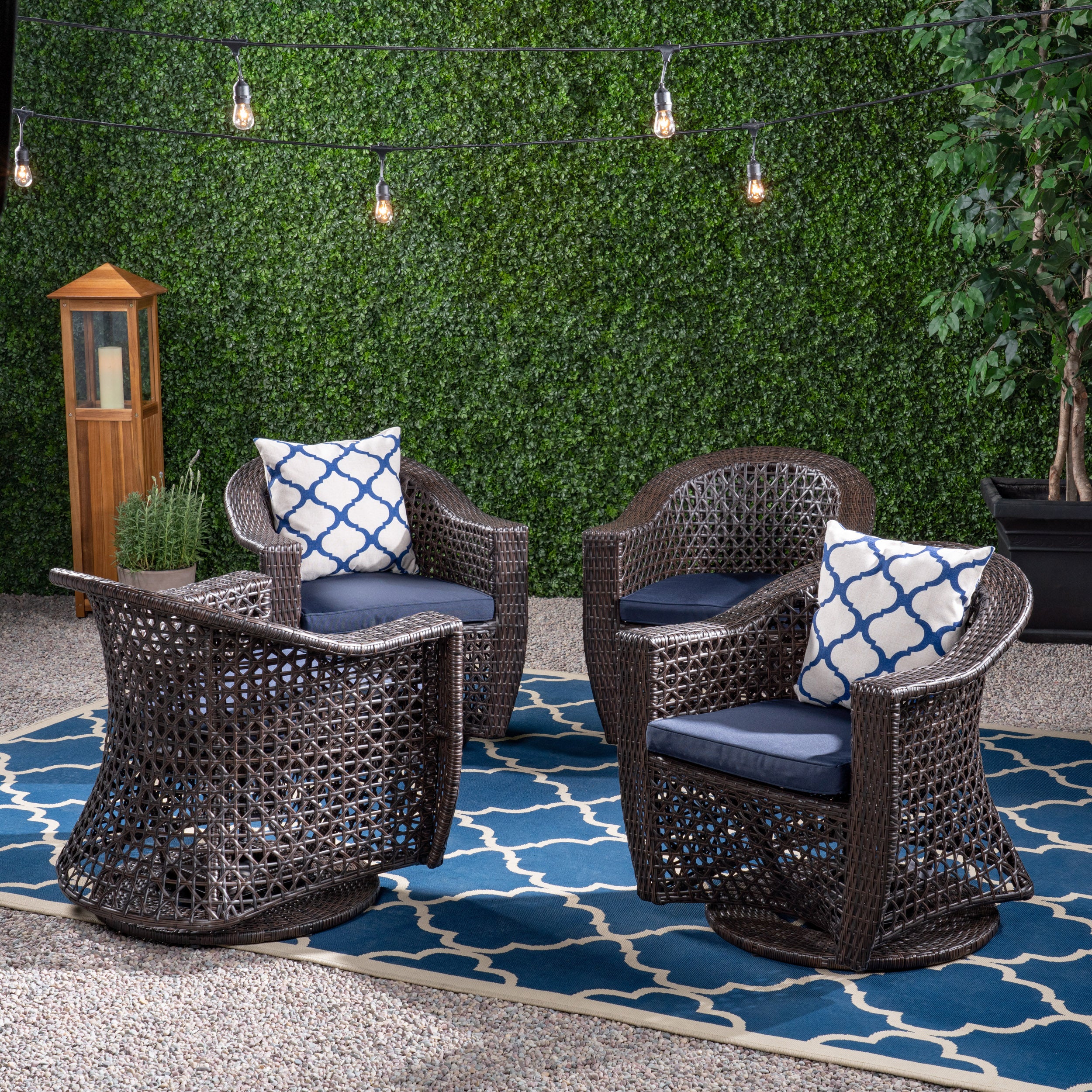 Big Sur Patio Swivel Chair, Wicker with Outdoor Cushions, Multi-Brown, Navy Blue - furnishings