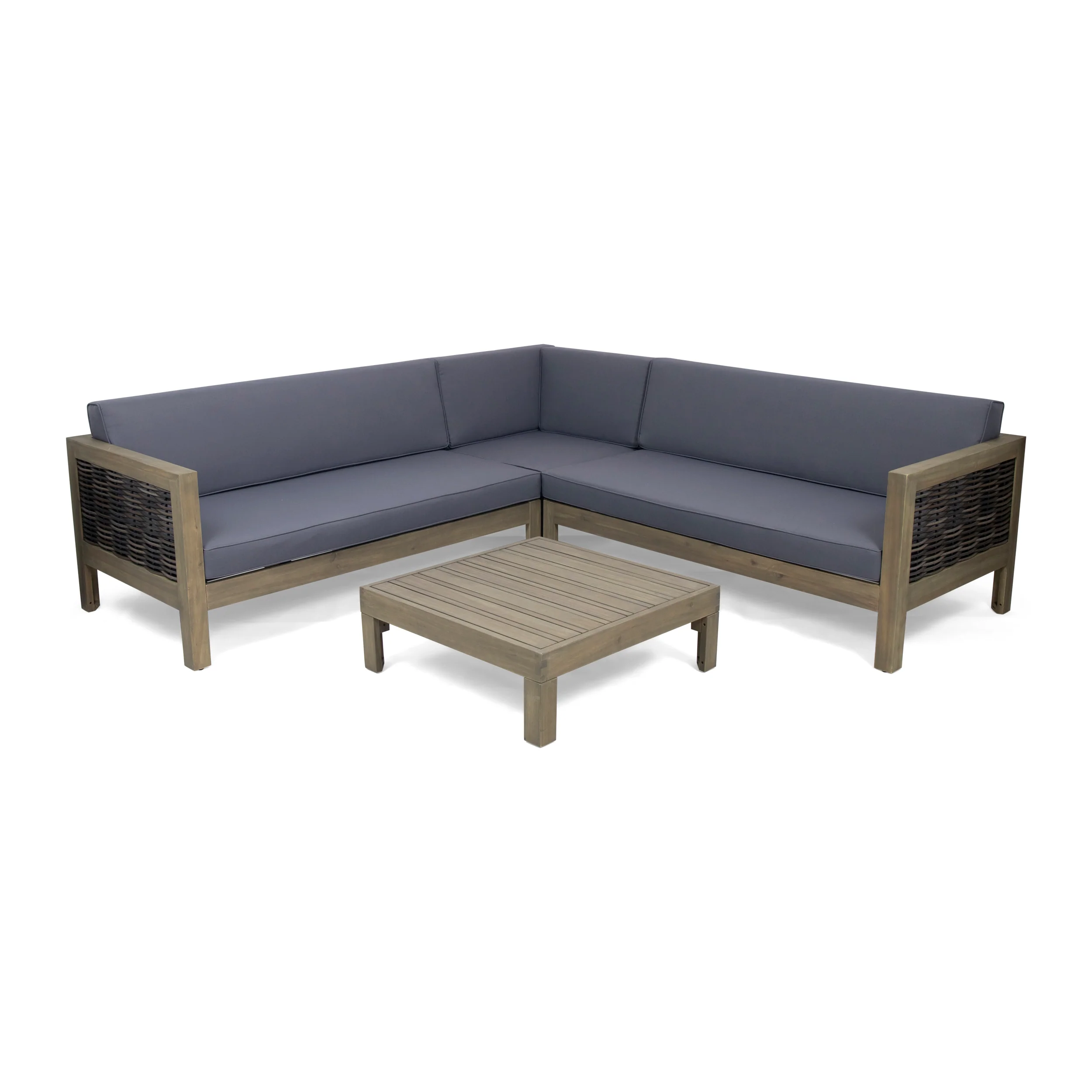 Elizabeth Outdoor Wood and Wicker 5 Seater Sectional Sofa and Coffee Table Set - furnishings