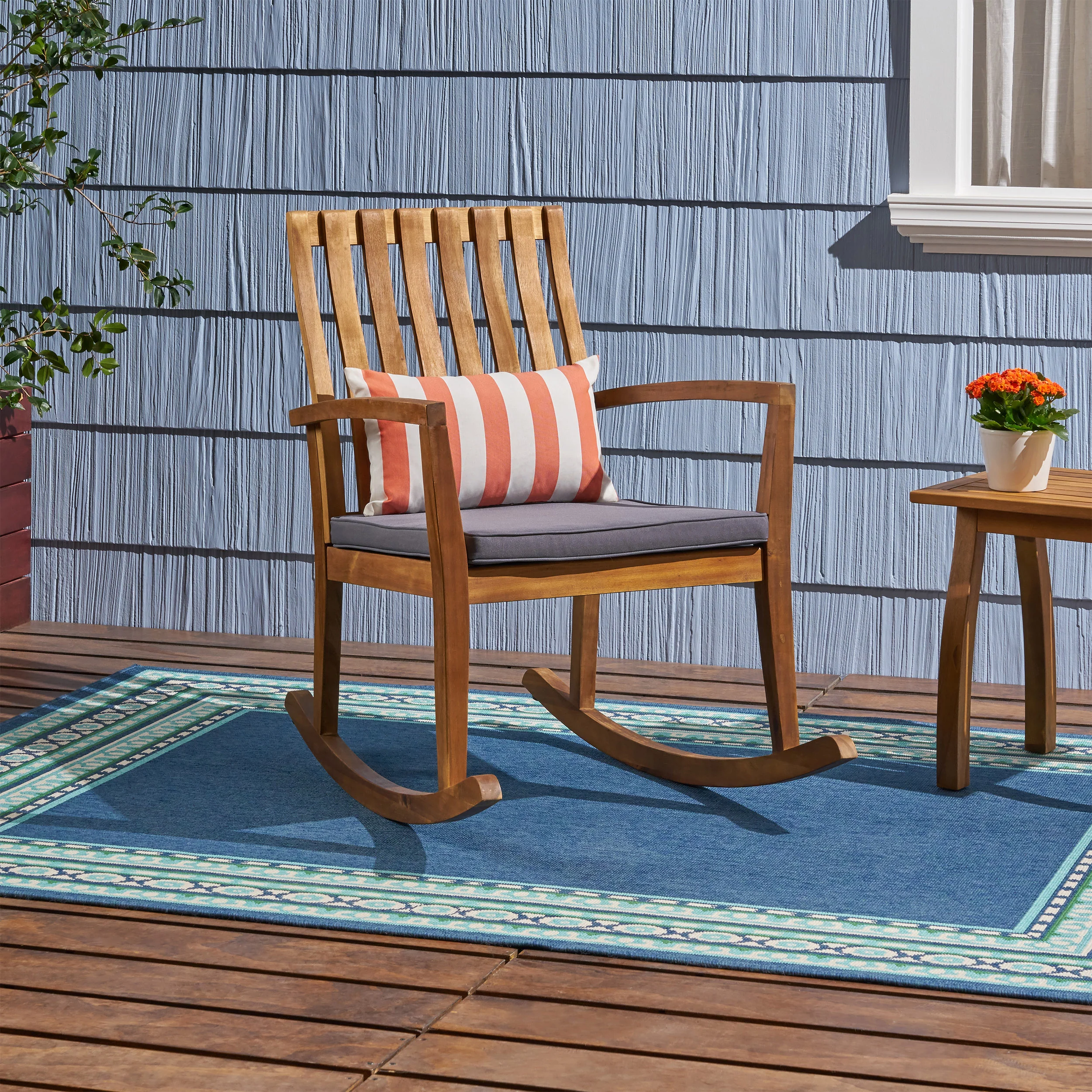 Muriel Outdoor Acacia Wood Rustic Style Rocking Chair with Cushions - furnishings