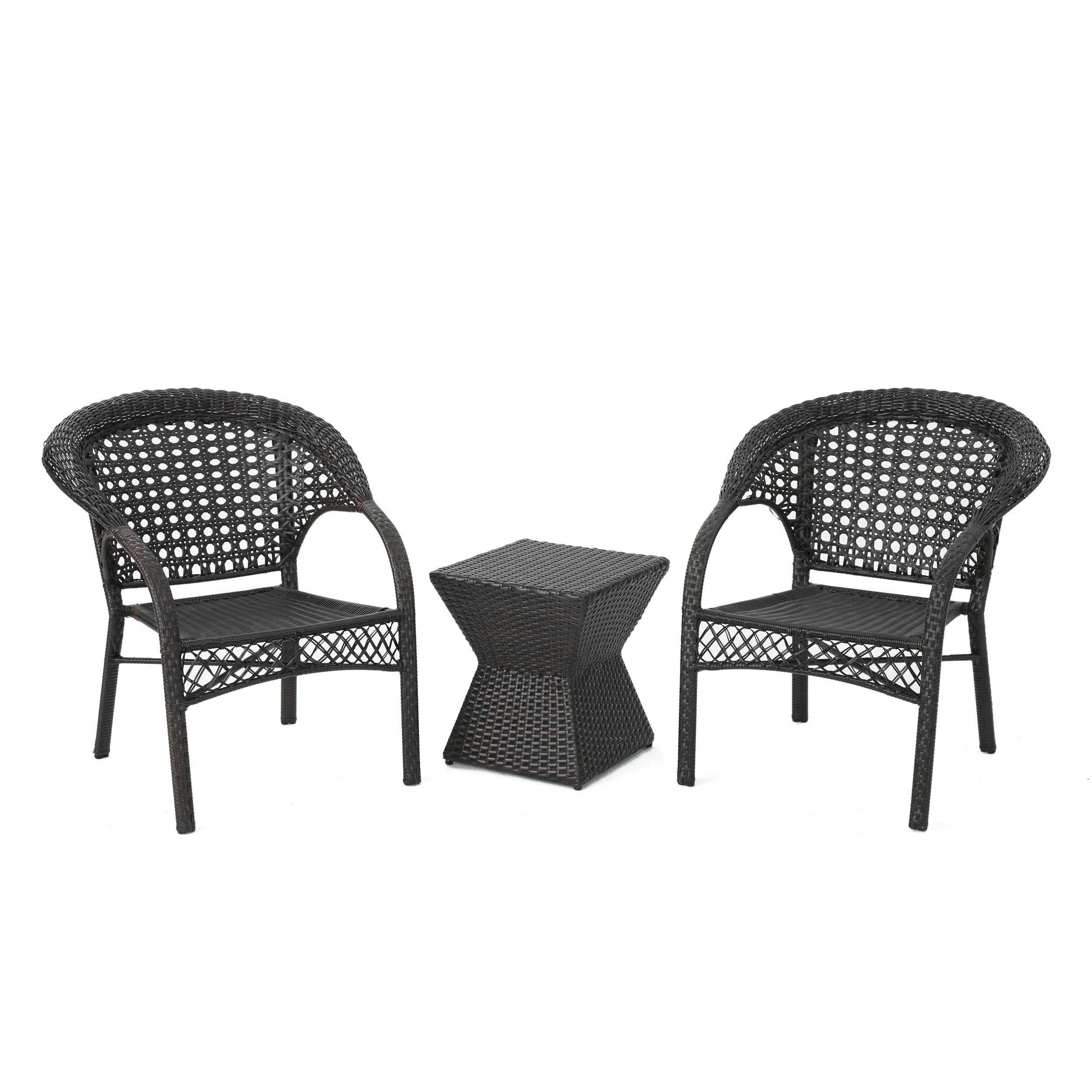 Mason Outdoor 3 Piece Multi-Brown Wicker Chat Set with Stacking Chairs - furnishings