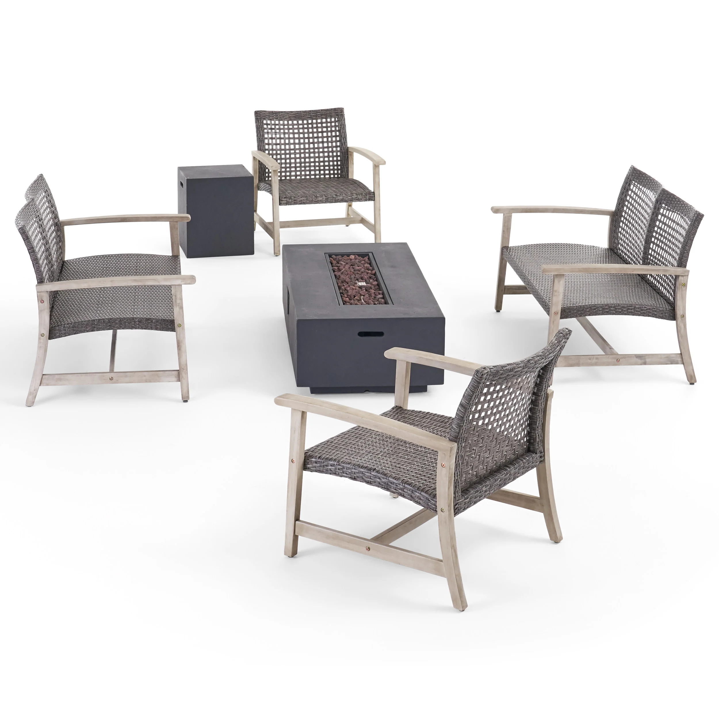 Tabby Outdoor 6 Piece Wood and Wicker Chat Set with Fire Pit - furnishings
