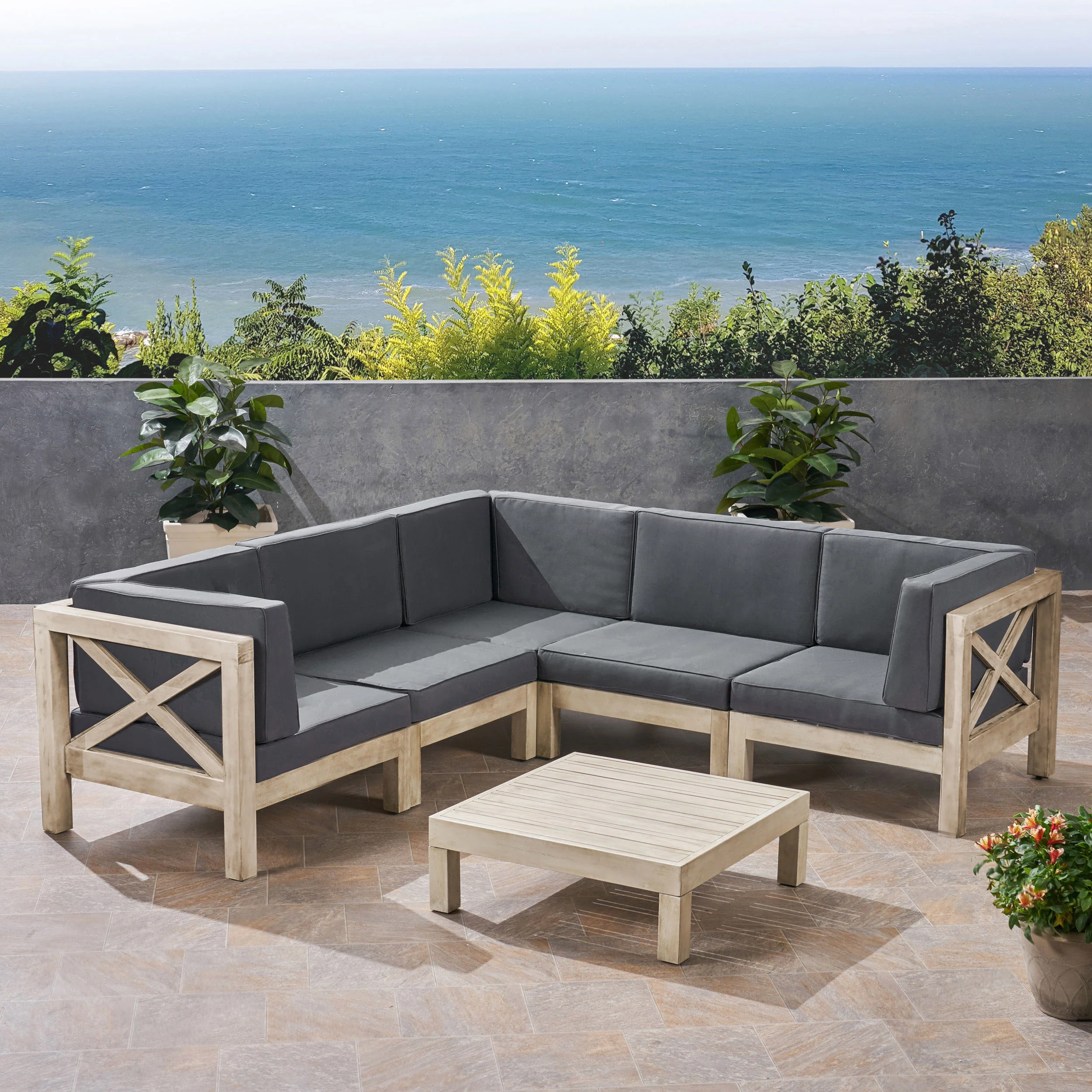 Brava Outdoor 5-Seater Gray Acacia Wood Sectional Sofa Set with Coffee Table - furnishings