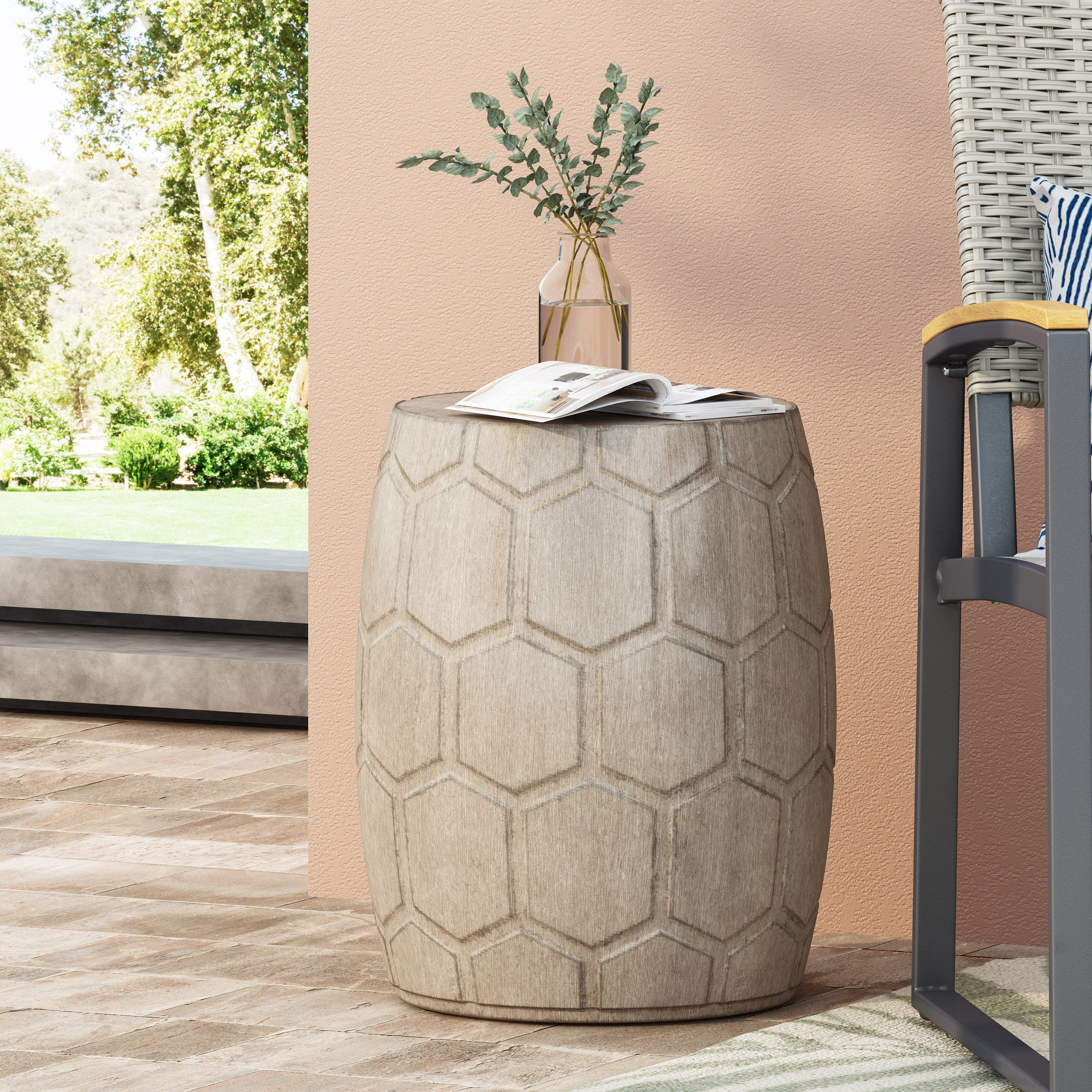 Ardson Outdoor Lightweight Concrete Side Table, Natural Wood - furnishings