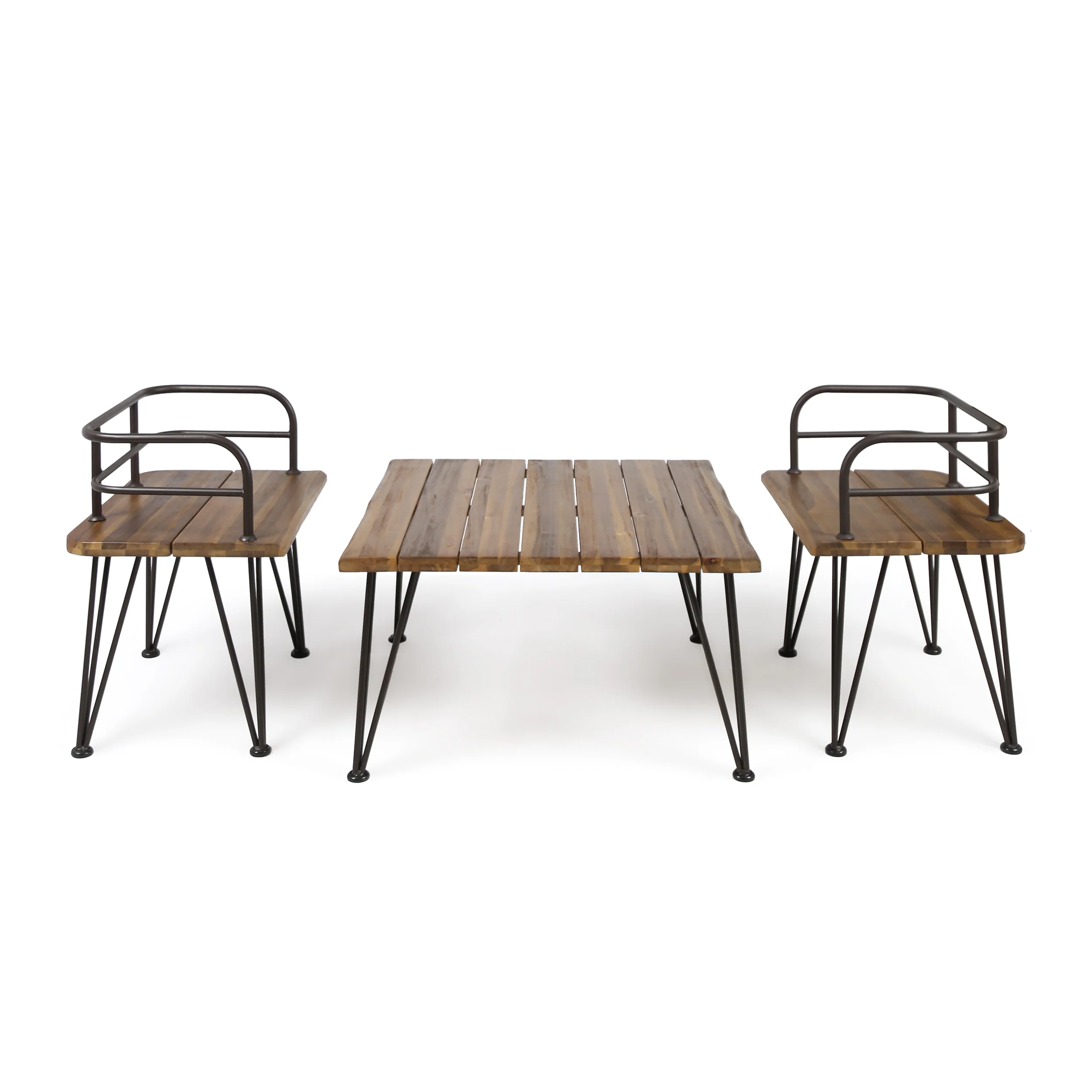 Avy Outdoor Rustic Industrial Acacia Wood Coffee Table Chat Set with Metal Hairpin Legs, Teak - furnishings