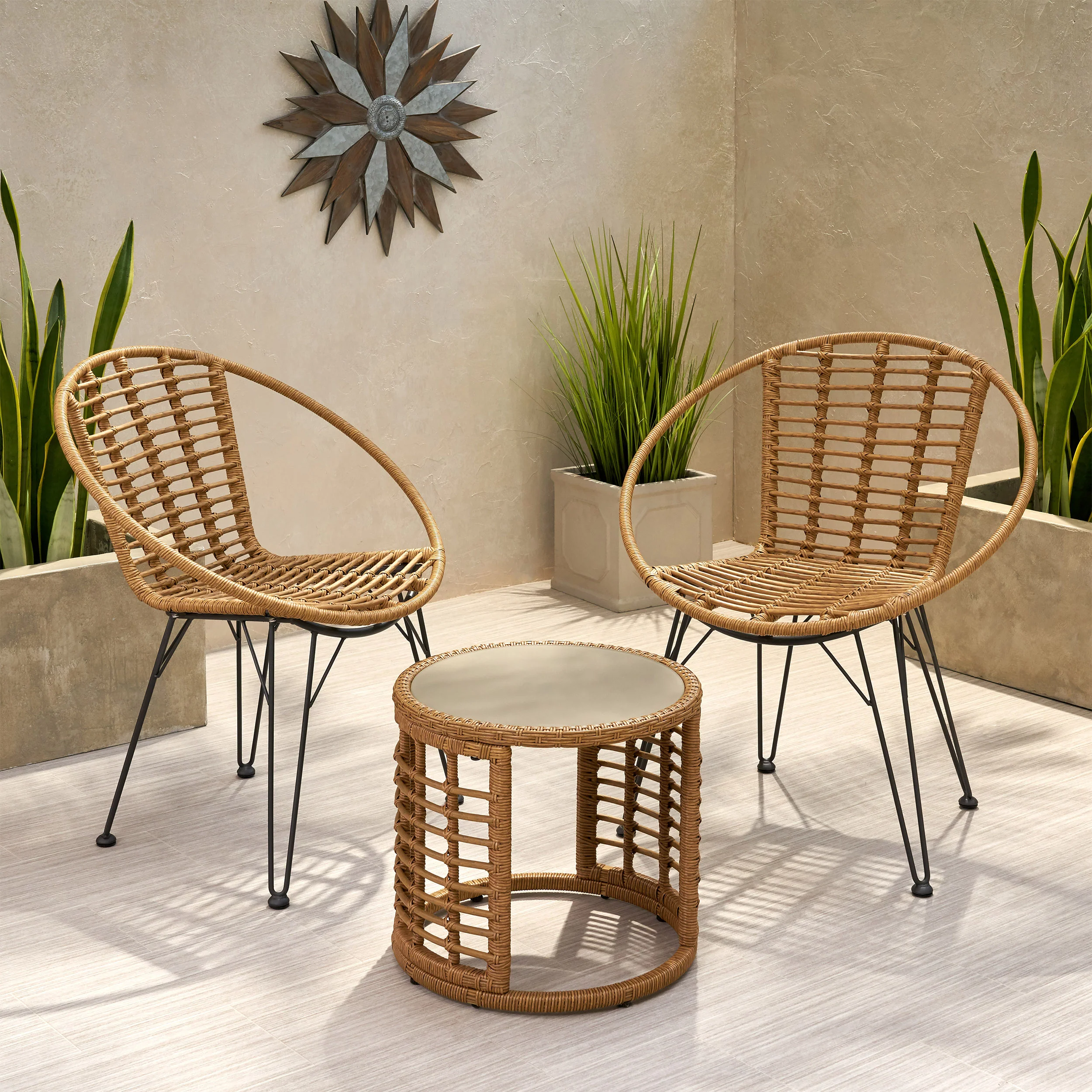 Zeferino Outdoor Modern Boho 2 Seater Wicker Chat Set with Side Table - furnishings