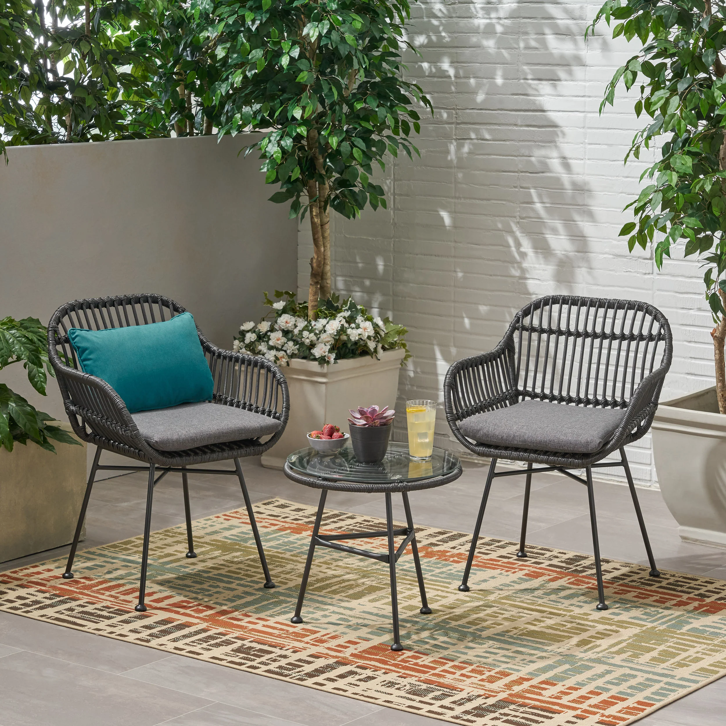 Lesley Outdoor Faux Wicker 2 Seater Chat Set with Tempered Glass Table - furnishings