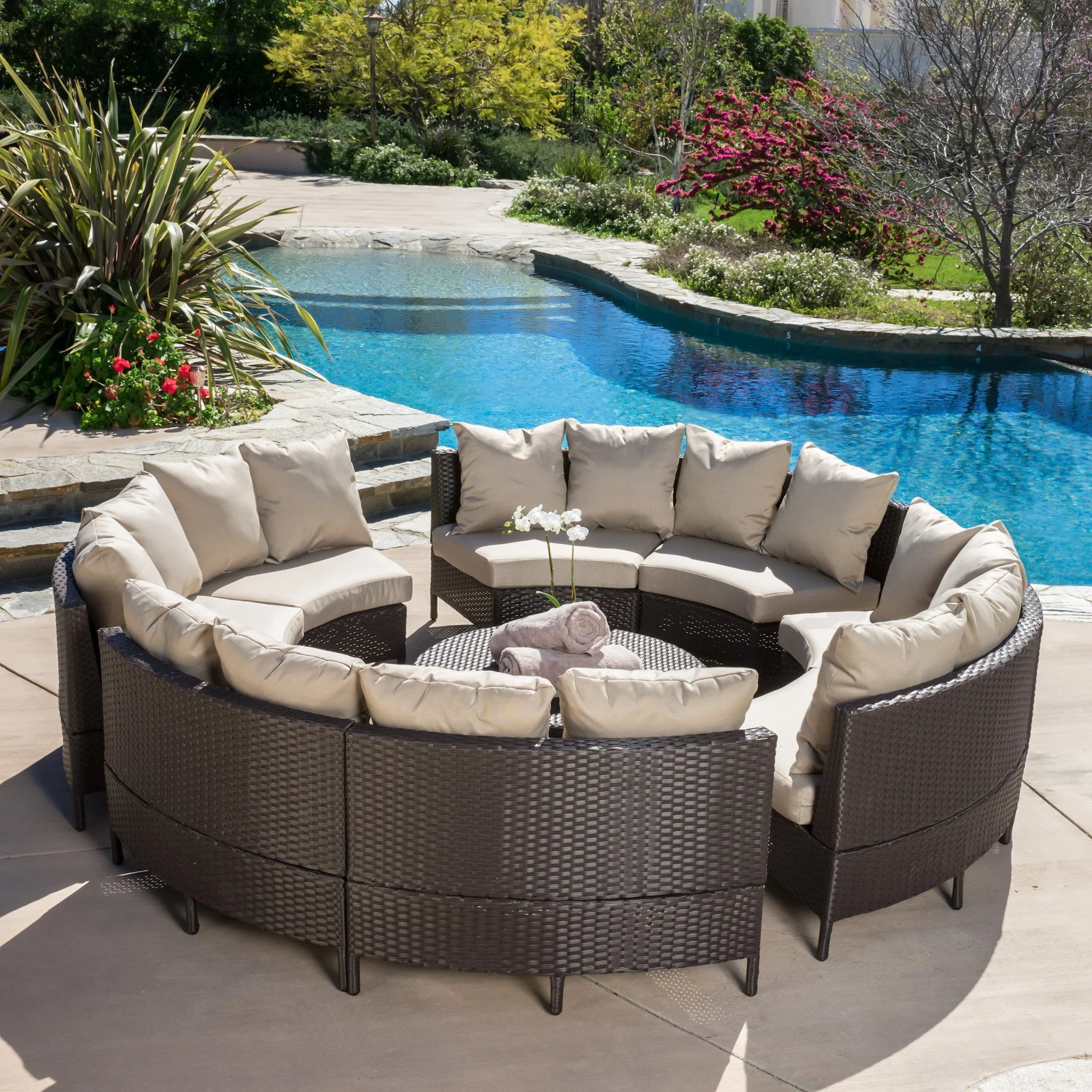 Falkland Outdoor 8 Seater Round Wicker Sectional Sofa Set with Coffee Tables - furnishings