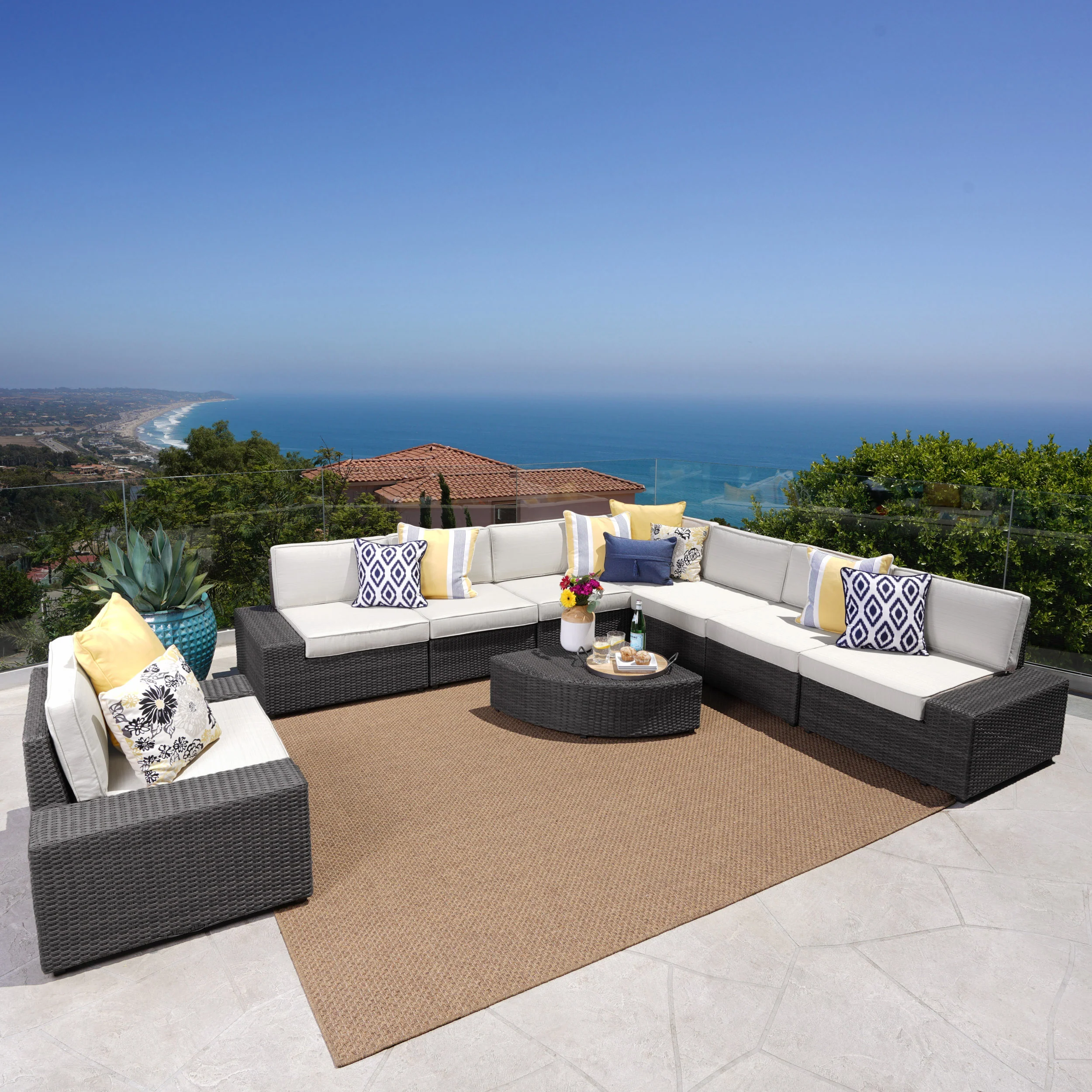 Reddington Outdoor 9 Piece Wicker Sectional with Beige Water Resistant Cushions - furnishings