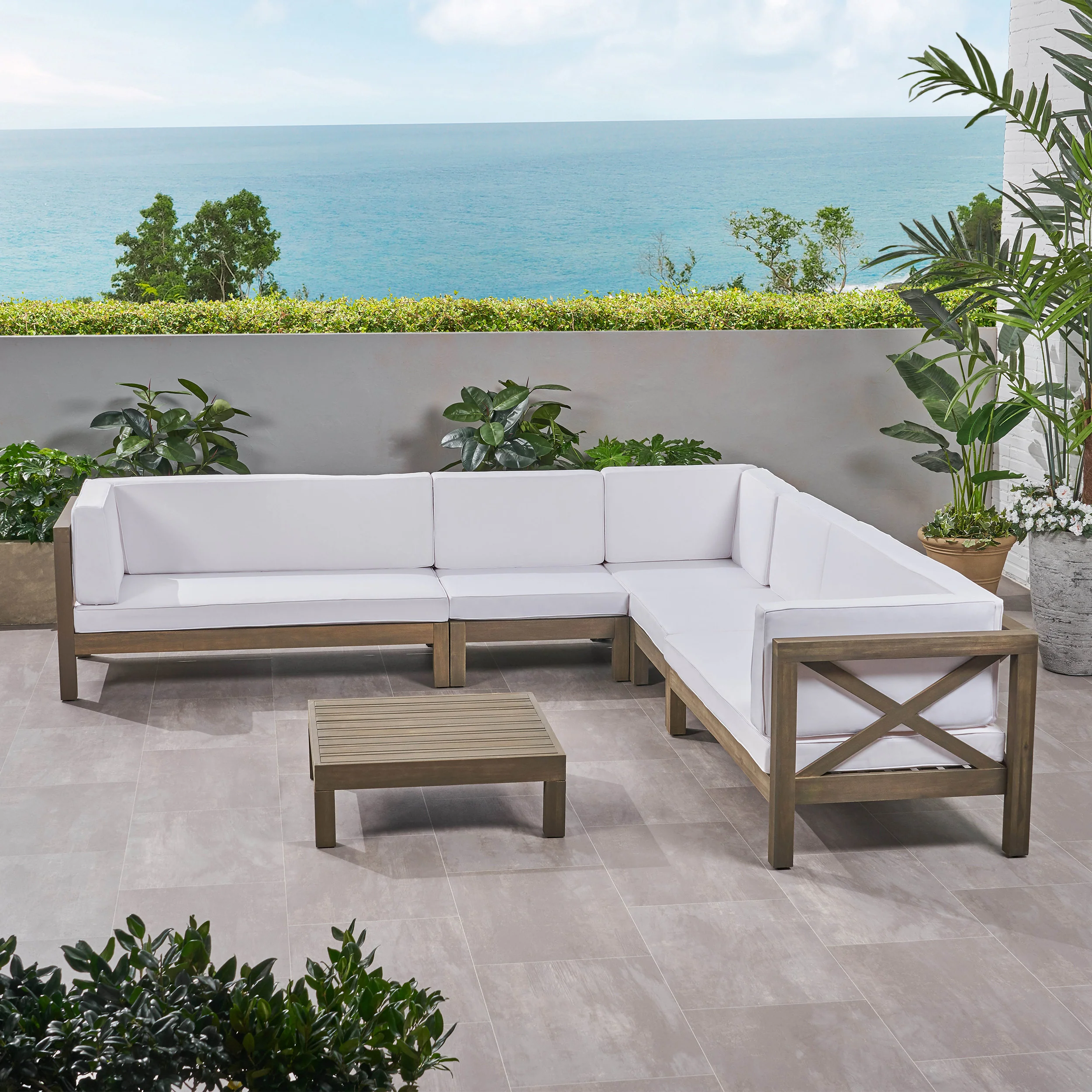 Cynthia Outdoor 7 Seater Acacia Wood Sectional Sofa Set - furnishings