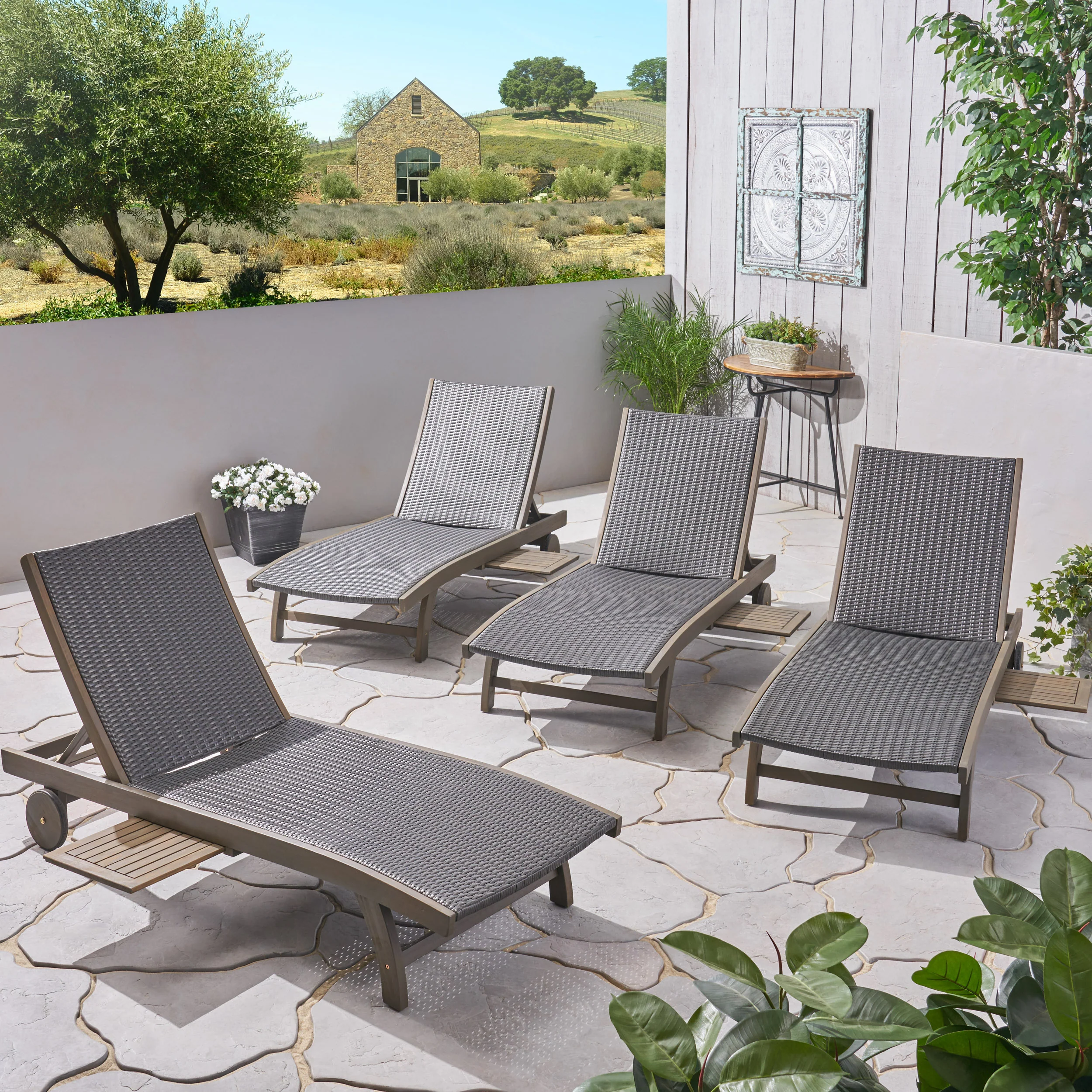 Yedda Outdoor Wicker and Wood Chaise Lounge with Pull-Out Tray - furnishings