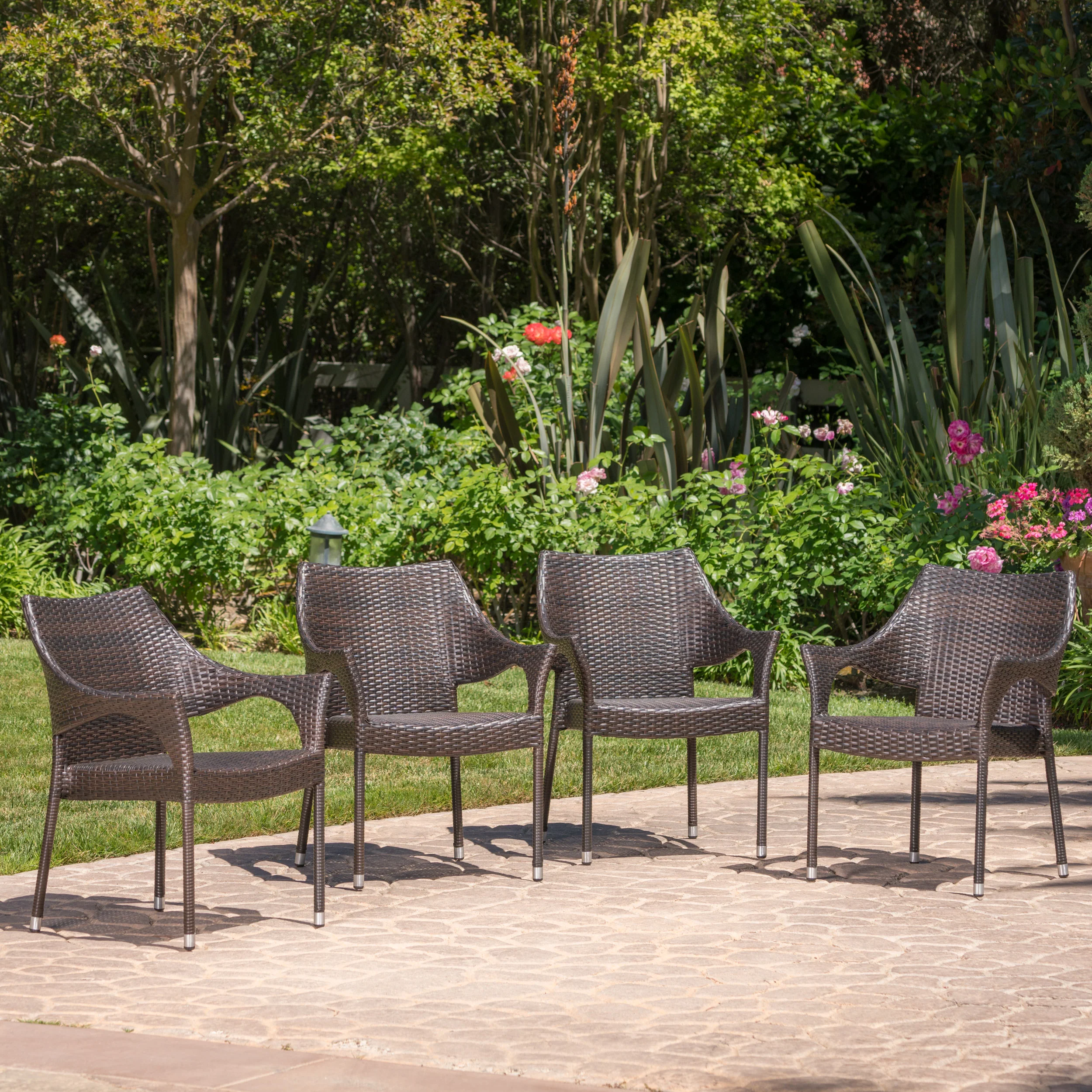 Miranda Outdoor Mix Mocha Wicker Stacking Dining Chairs (Set of 4) - furnishings