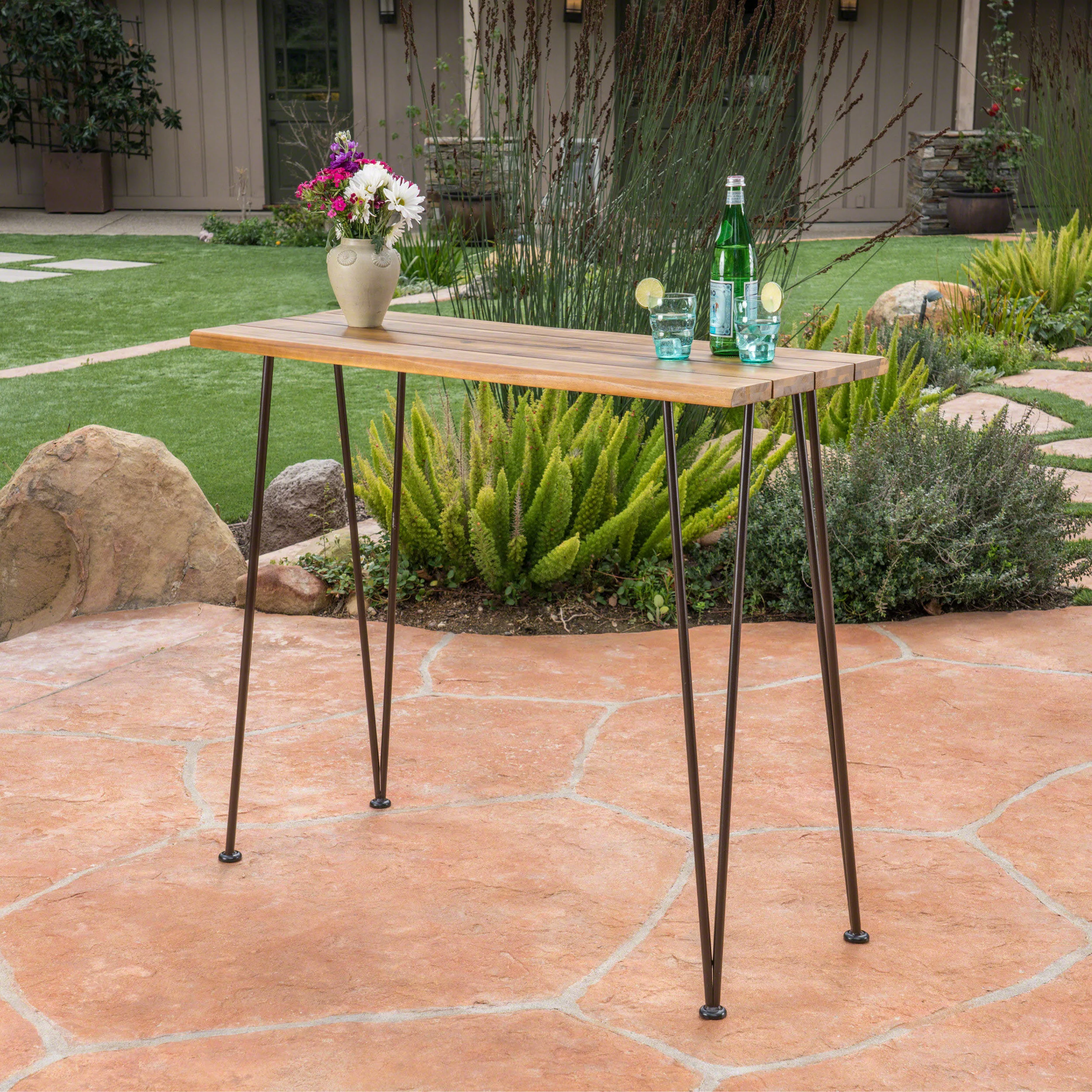 Avy Outdoor Rustic Industrial Acacia Wood Bar Table with Metal Hairpin Legs, Teak - furnishings