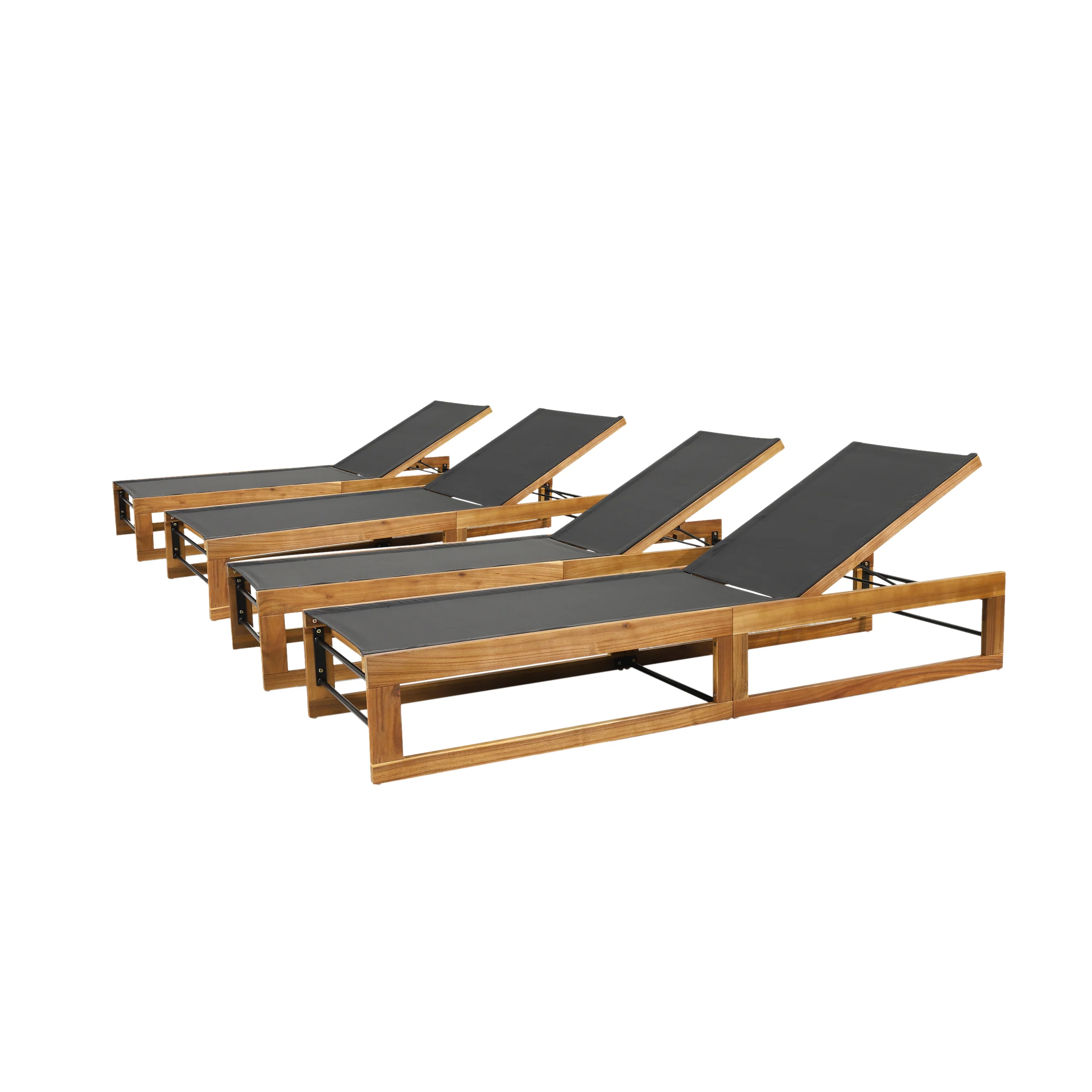 Leavitt Outdoor Mesh and Wood Adjustable Chaise Lounges, Set of 4, Black and Teak - furnishings