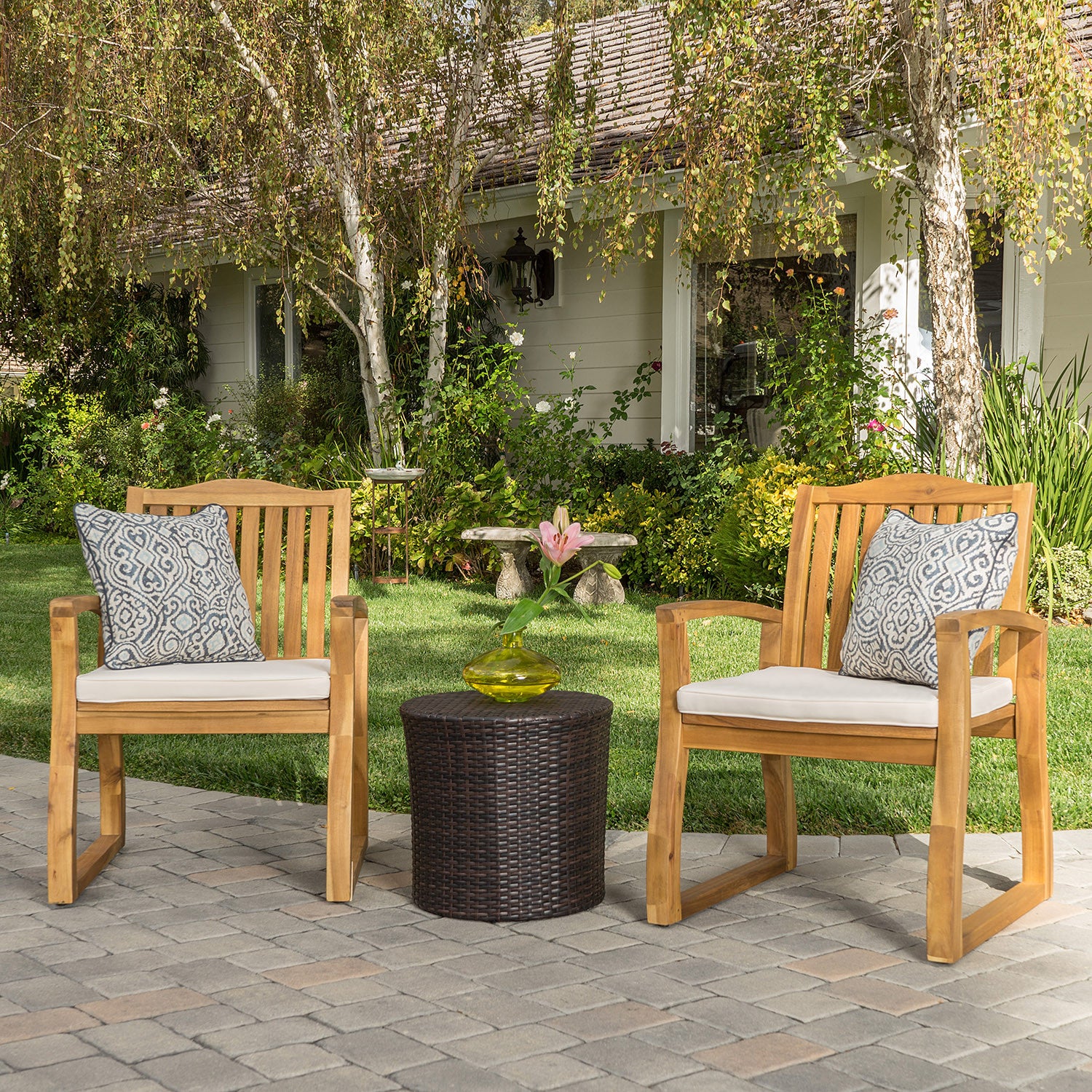 Malibu Outdoor Acacia Wood 3 Piece Chat Set with Wicker Table - furnishings