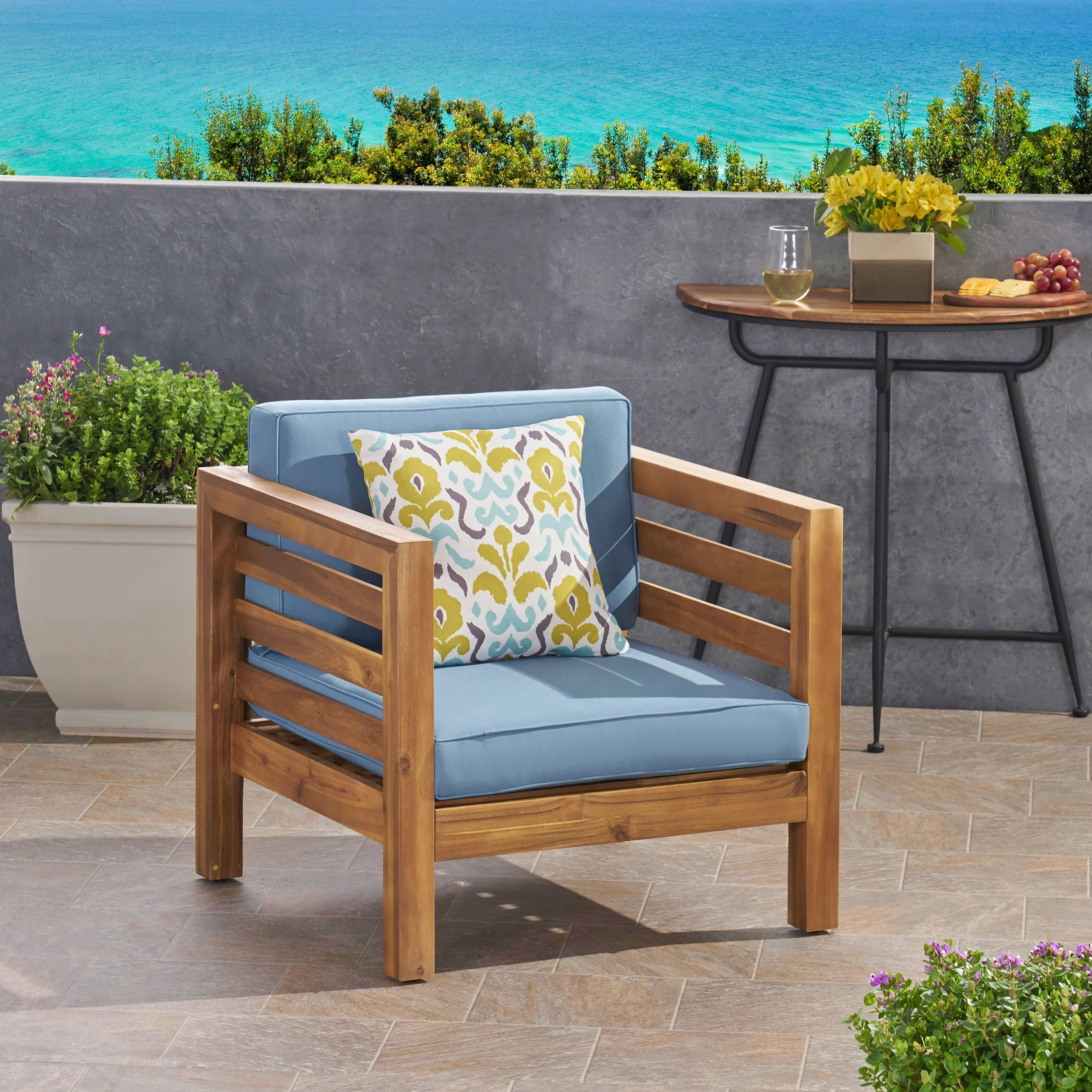 Louise Outdoor Acacia Wood Club Chair with Cushion - furnishings