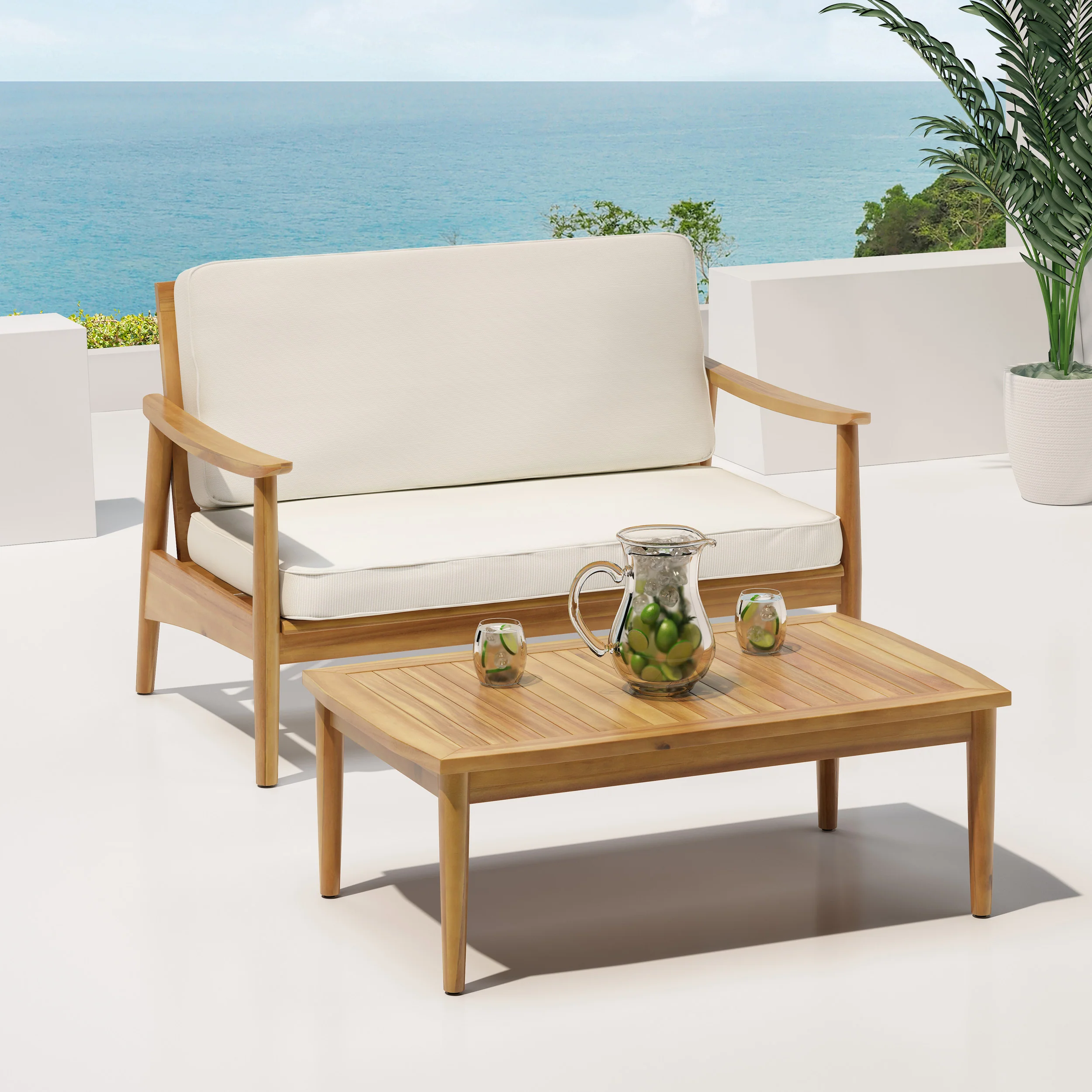 Emmry Outdoor Acacia Wood Loveseat Set with Coffee Table - furnishings