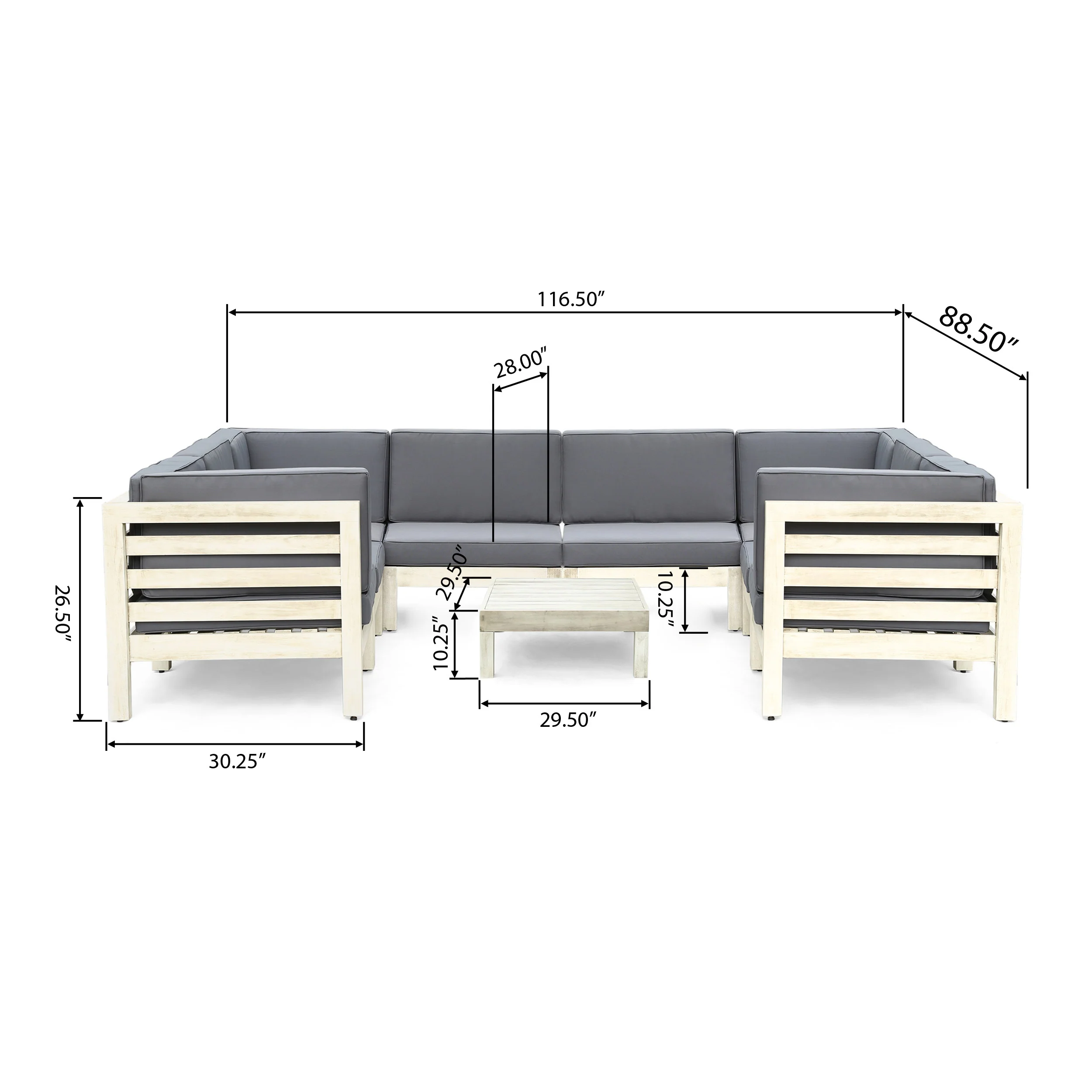 Dawson Outdoor U-Shaped Sectional Sofa Set with Coffee Table - 9-Piece 8-Seater - Acacia Wood - Outdoor Cushions - furnishings