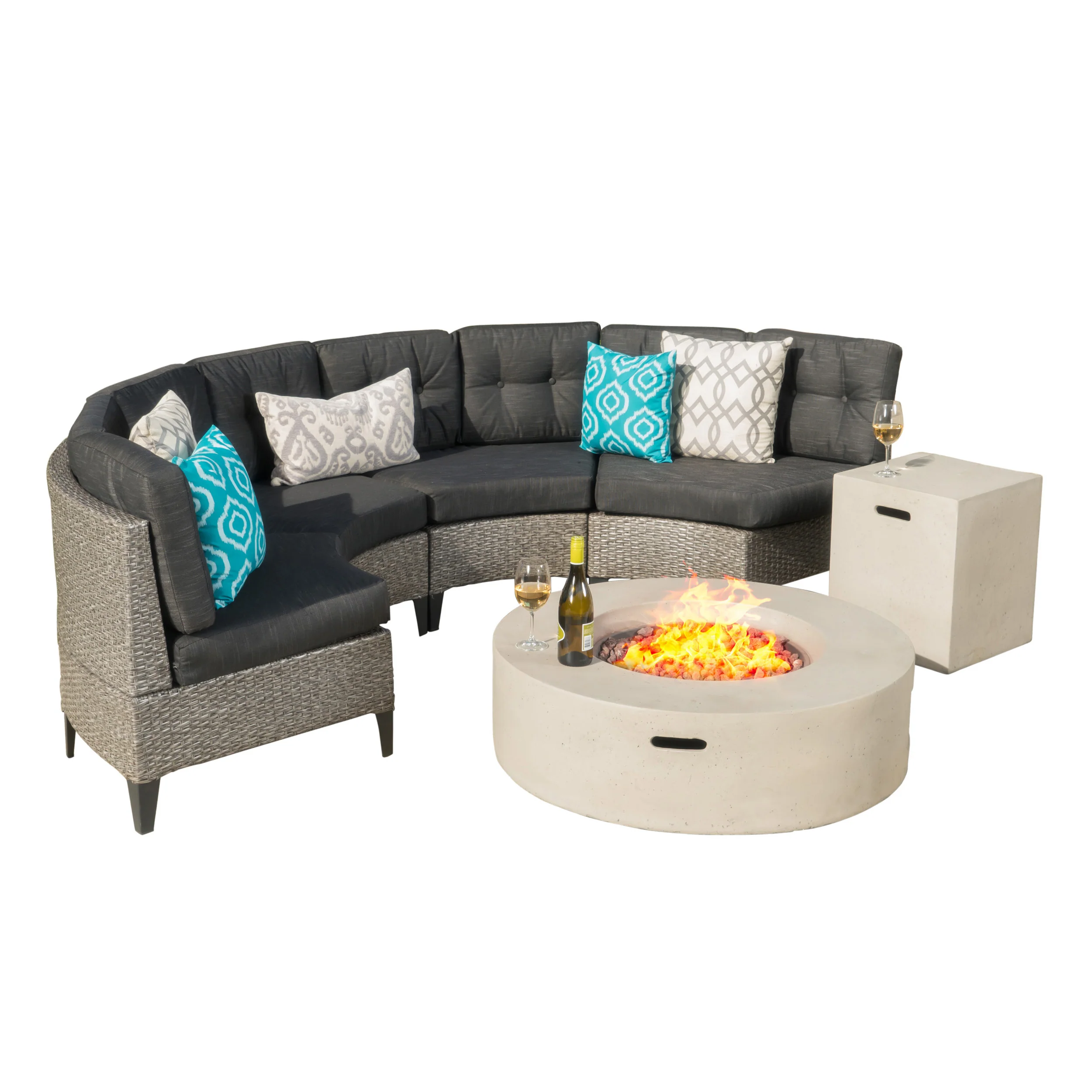 Nessett Outdoor 6 Piece Mixed Black Wicker Half Round Sofa Set with Light Grey Fire Table - furnishings