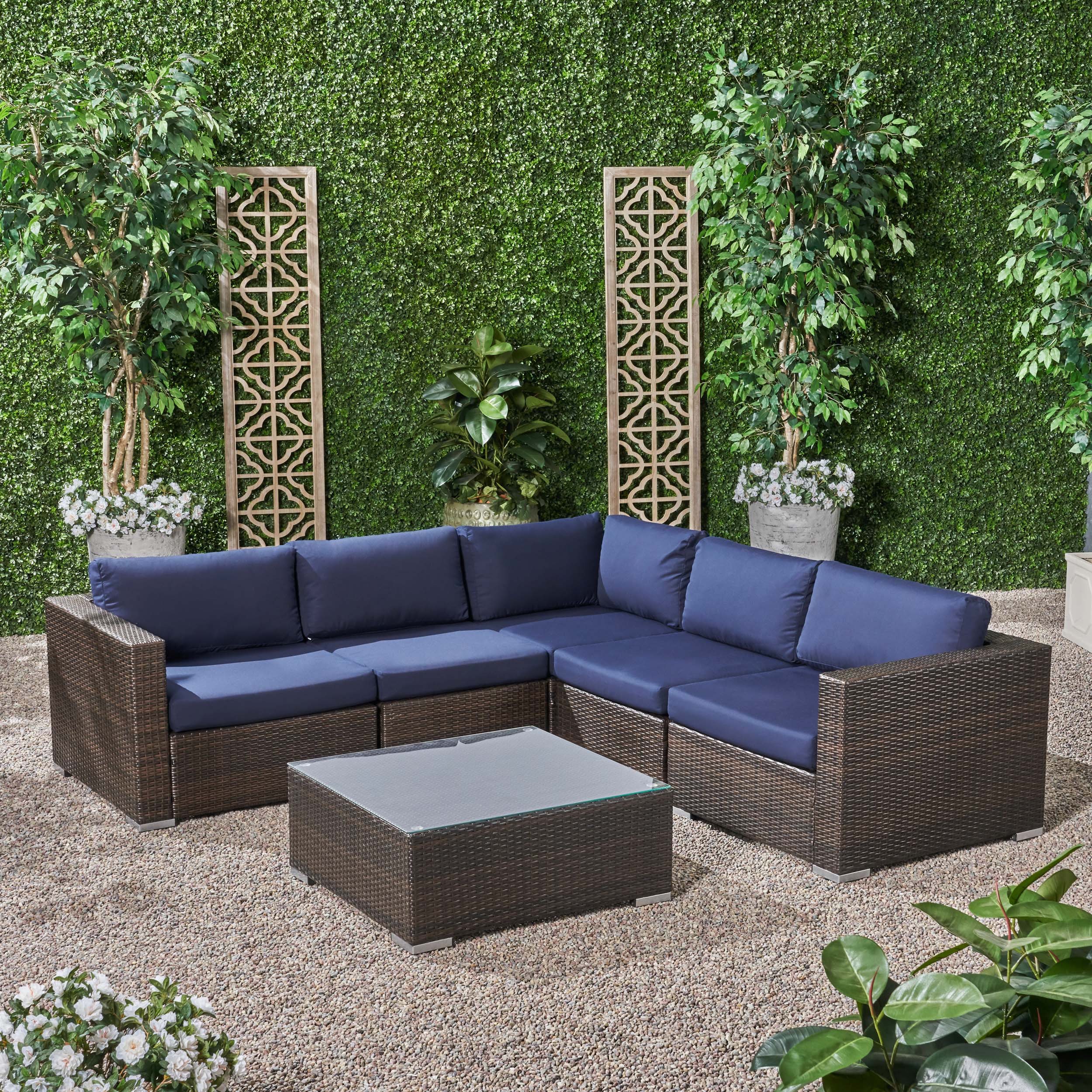 Kyra Outdoor 5 Seater Wicker Sectional Sofa Set with Sunbrella Cushions - furnishings
