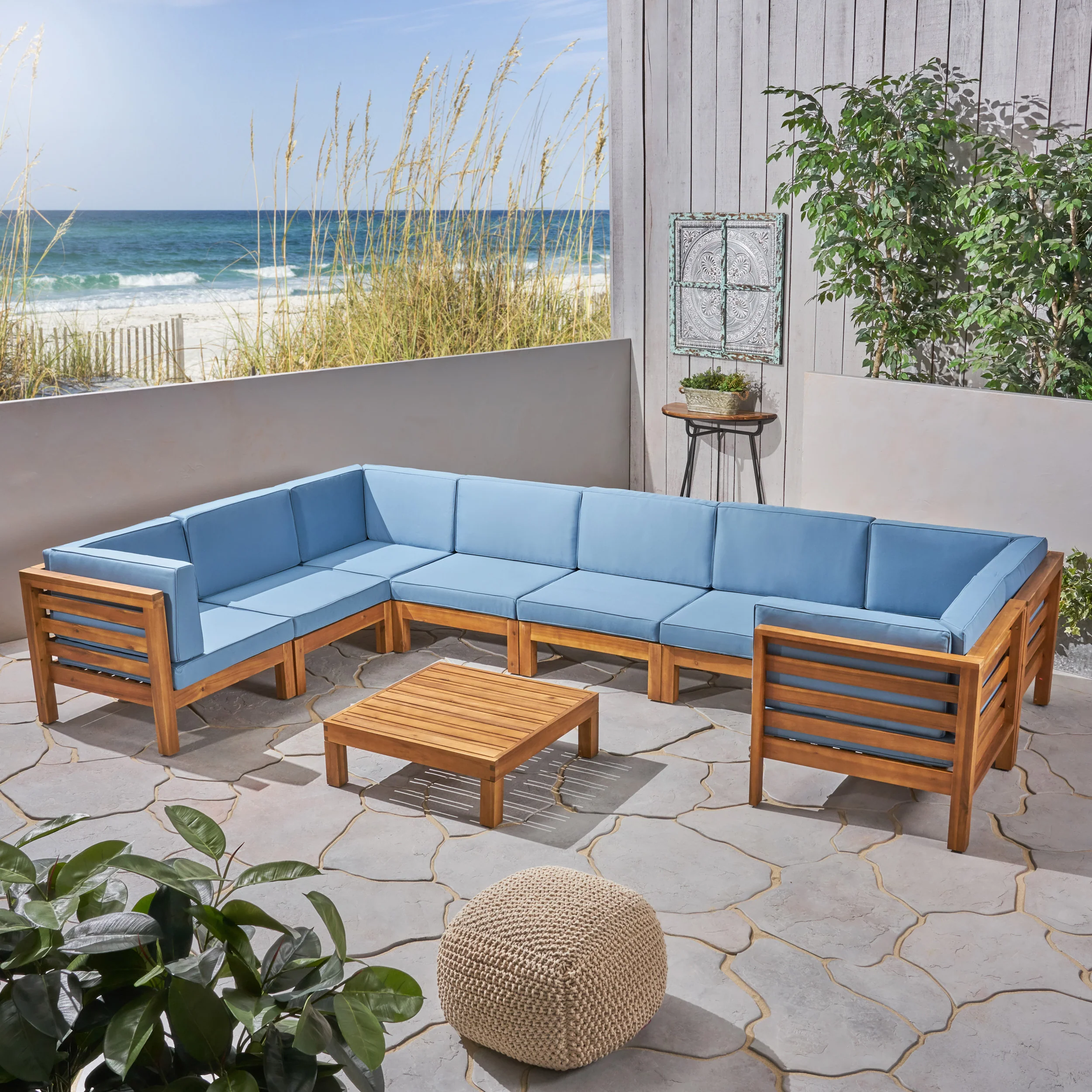 Dawson Outdoor U-Shaped Sectional Sofa Set with Coffee Table - 9-Piece 8-Seater - Acacia Wood - Outdoor Cushions - furnishings