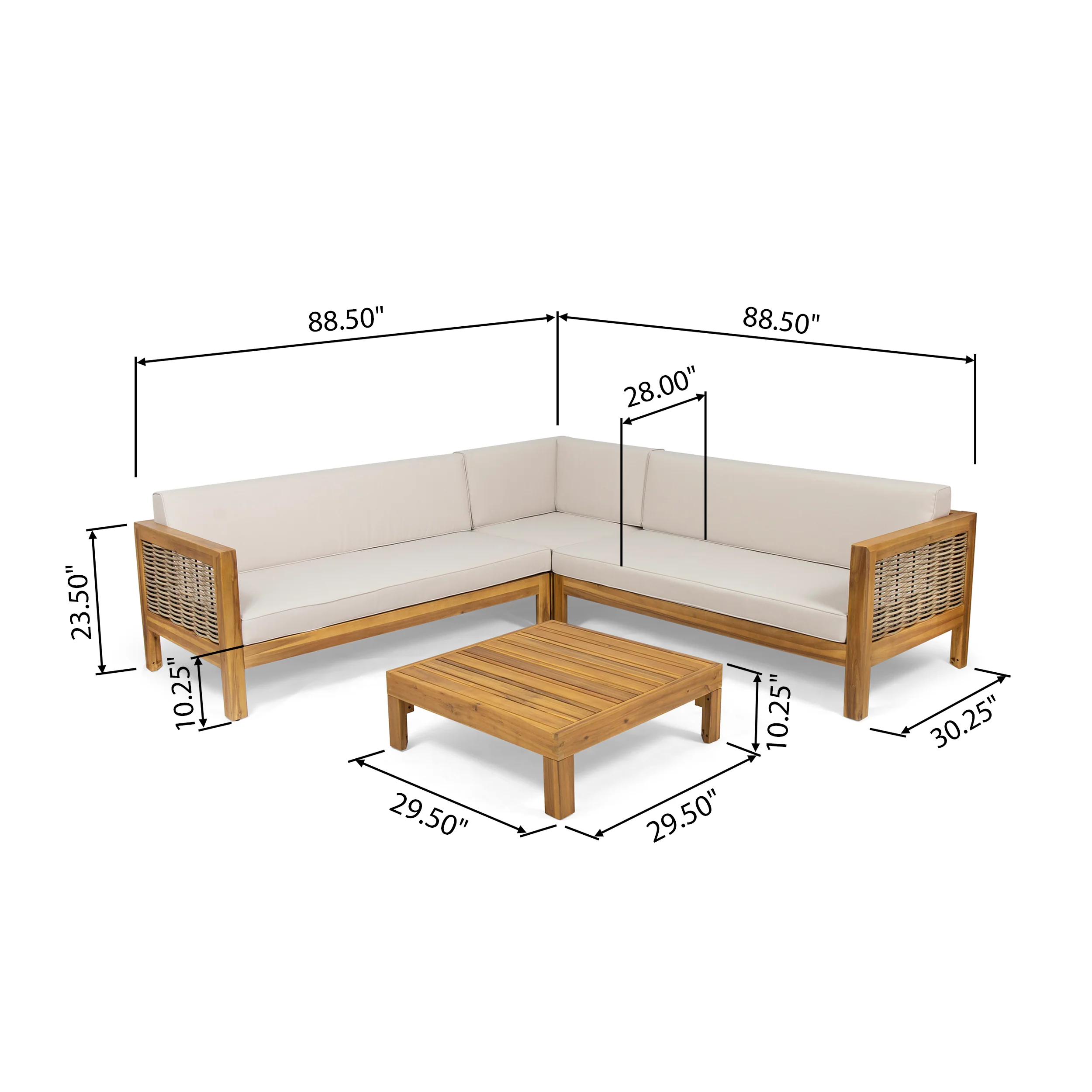 Elizabeth Outdoor Wood and Wicker 5 Seater Sectional Sofa and Coffee Table Set - furnishings