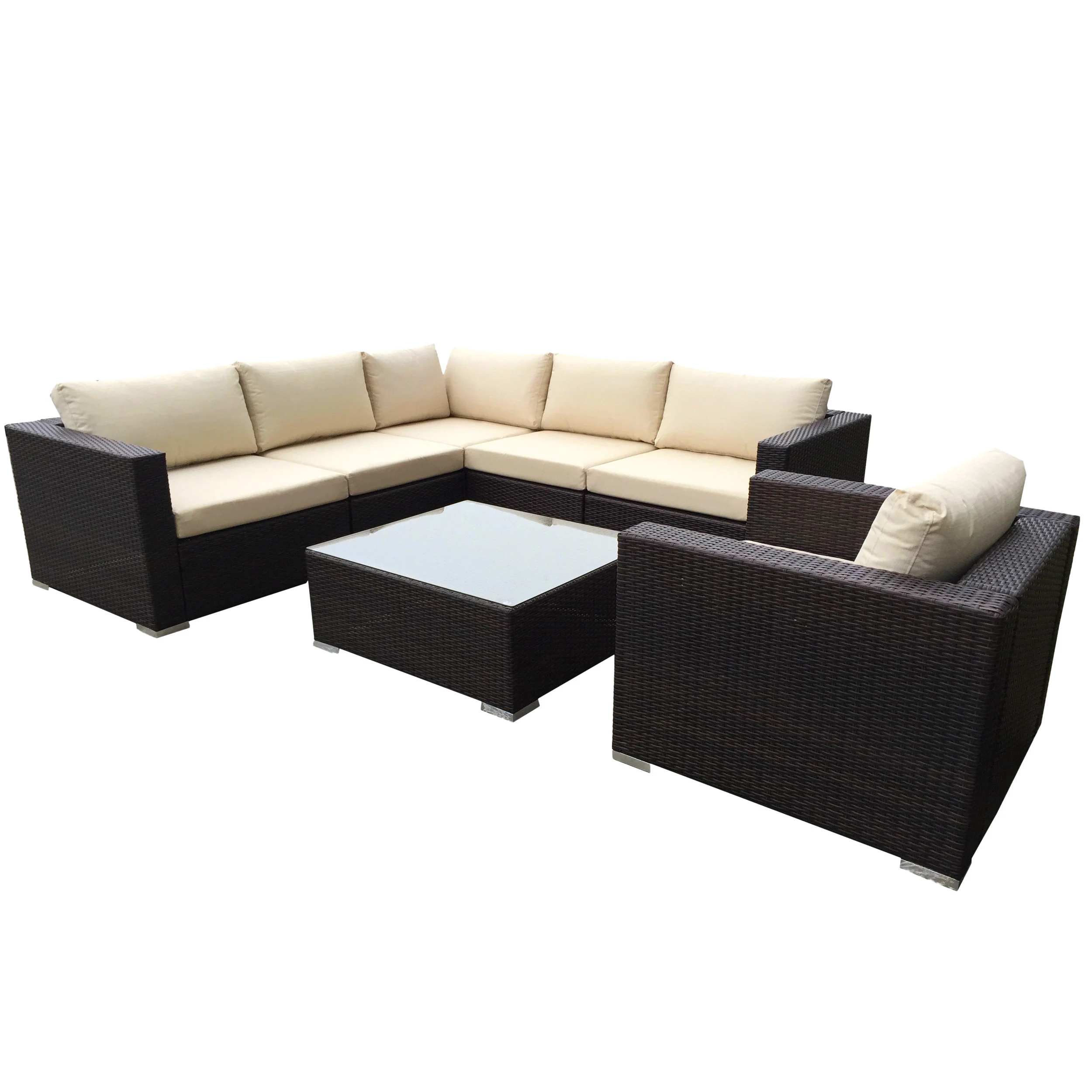 Francisco 7pc Outdoor Brown Wicker Seating Sectional Set w/ Cushions - furnishings