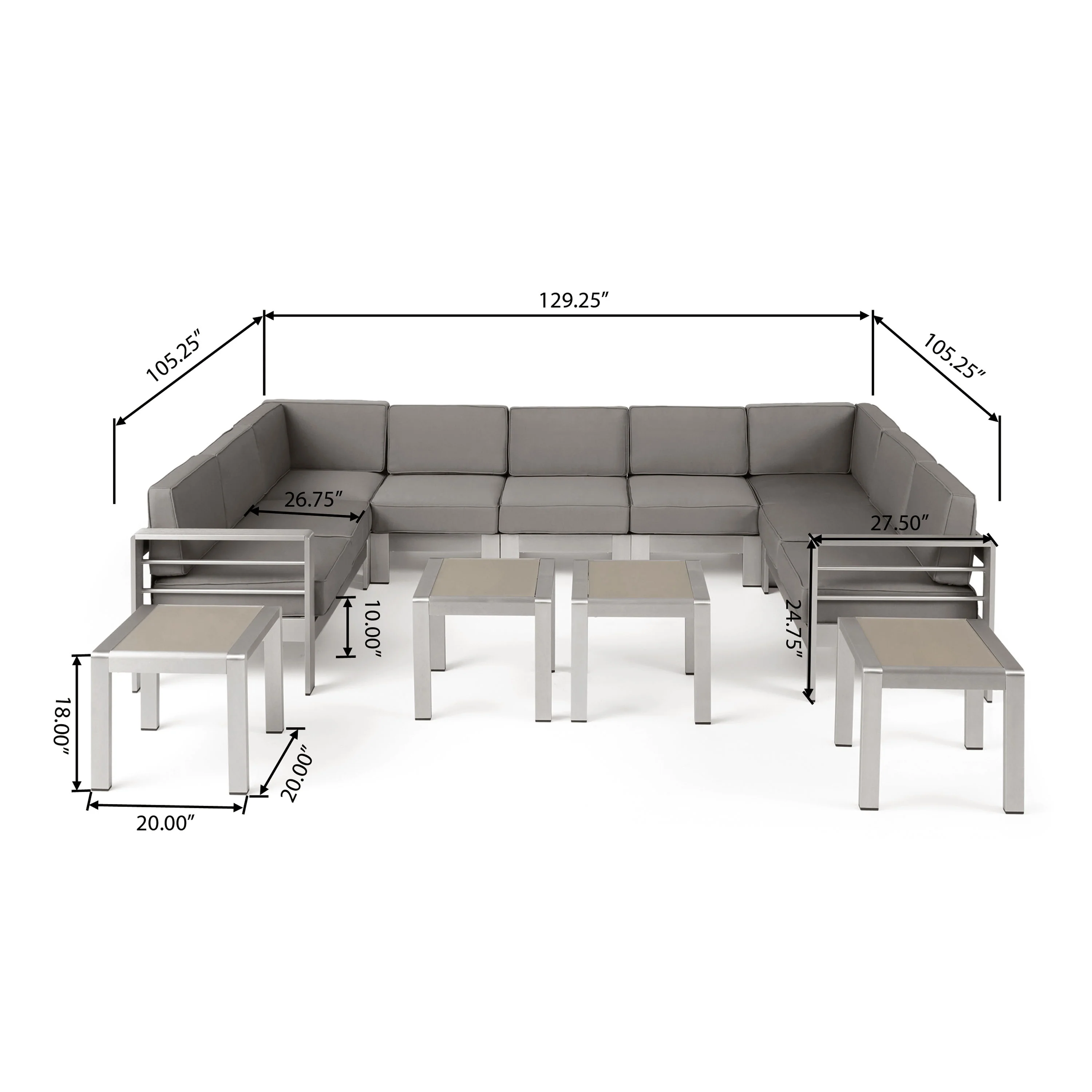 Cherie Outdoor 9 Seater Aluminum Sectional Sofa Set with Side Tables - furnishings