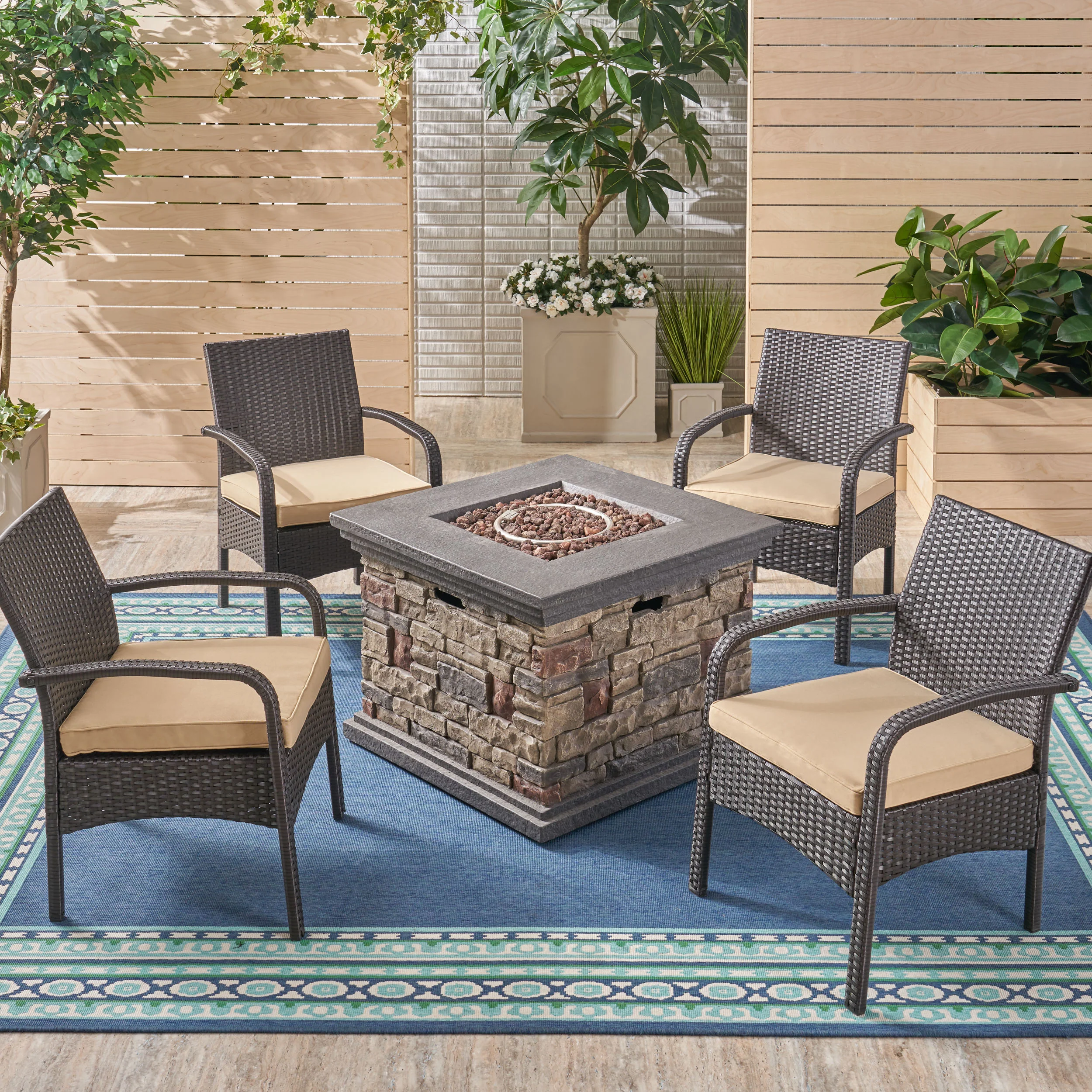 Meroy Patio Fire Pit Set, 4-Seater with Club Chairs, Wicker with Outdoor Cushions - furnishings
