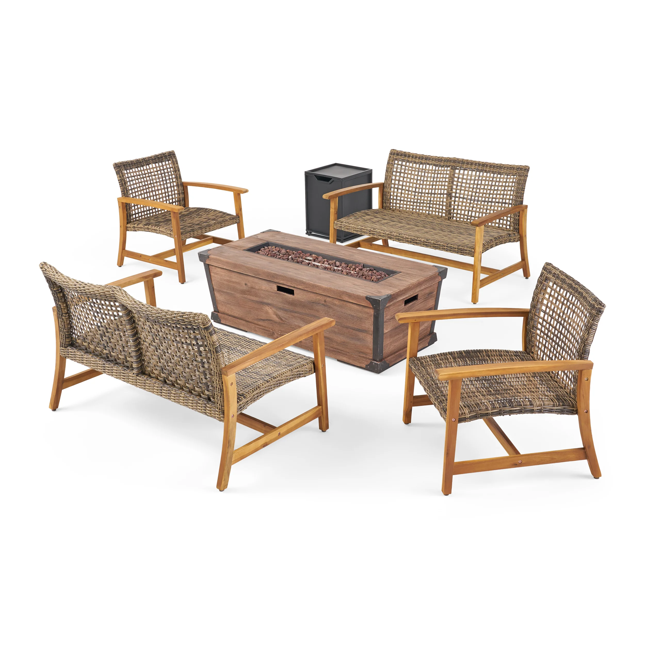 Levant Outdoor 6-Seater Wood and Wicker Chat Set with Fire Pit - furnishings