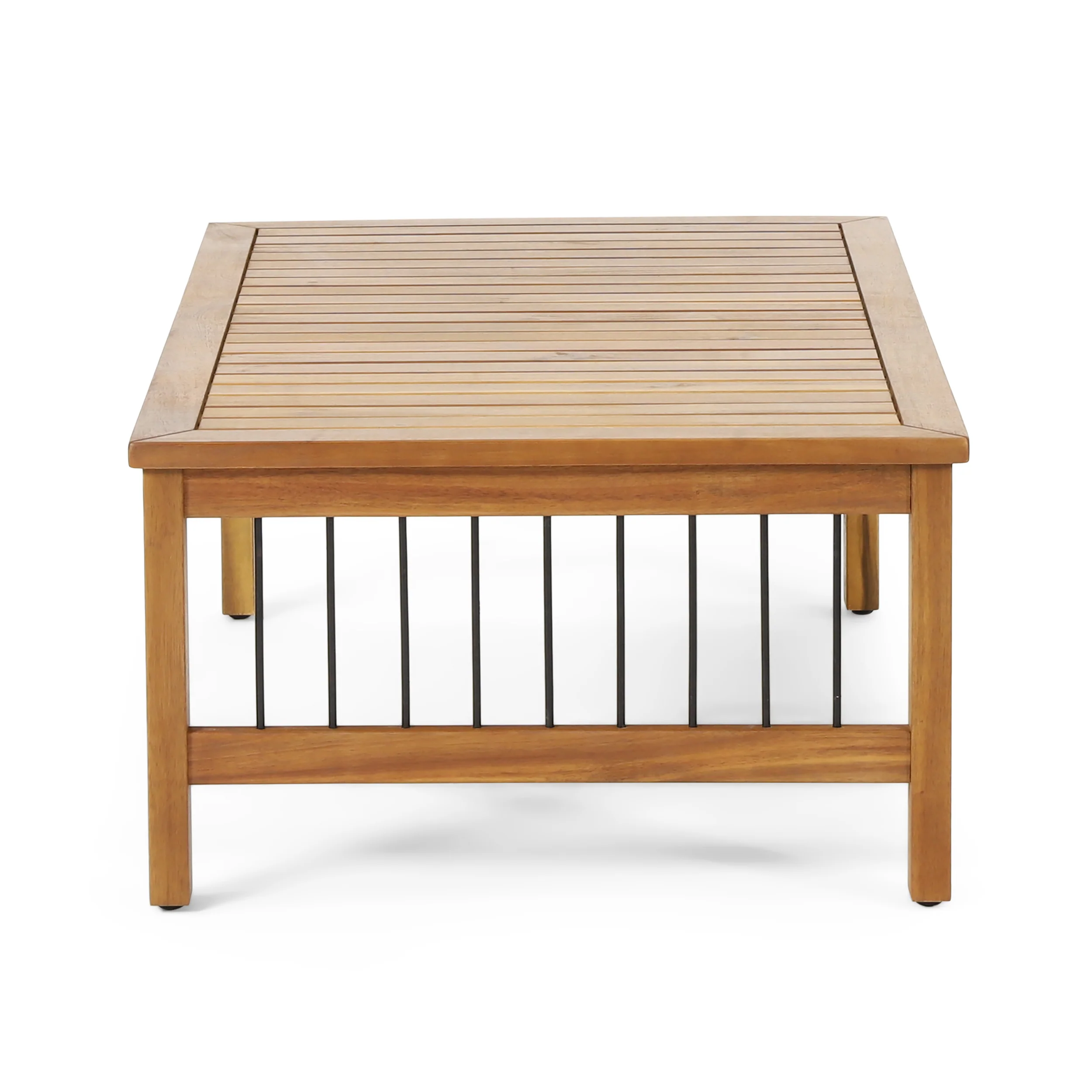 Sagewood Outdoor Acacia Wood and Iron Loveseat and Coffee Table Set with Cushions, Teak, Black, Beige - furnishings