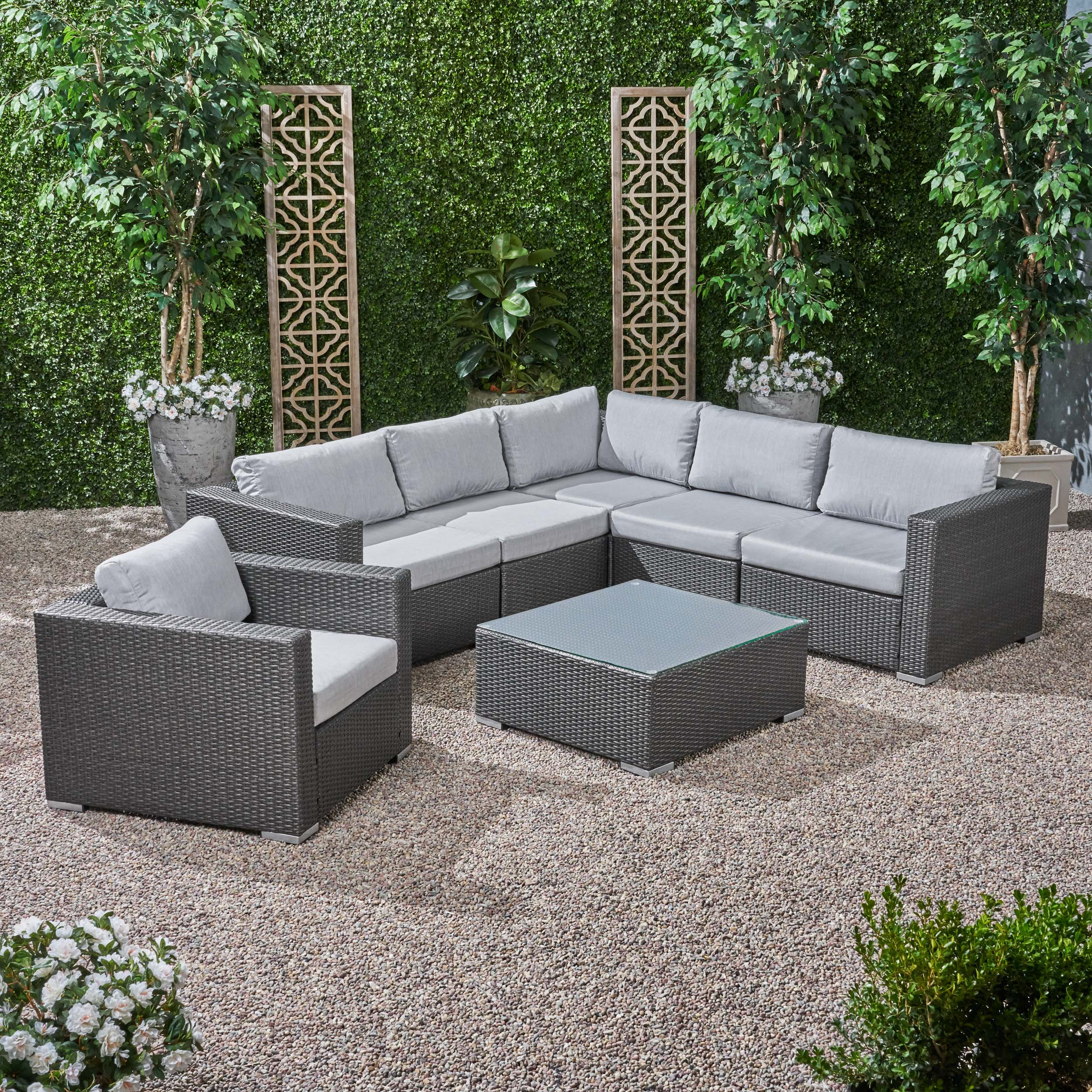 Kyra Outdoor 6 Seater Wicker Sectional Sofa Set with Sunbrella Cushions - furnishings
