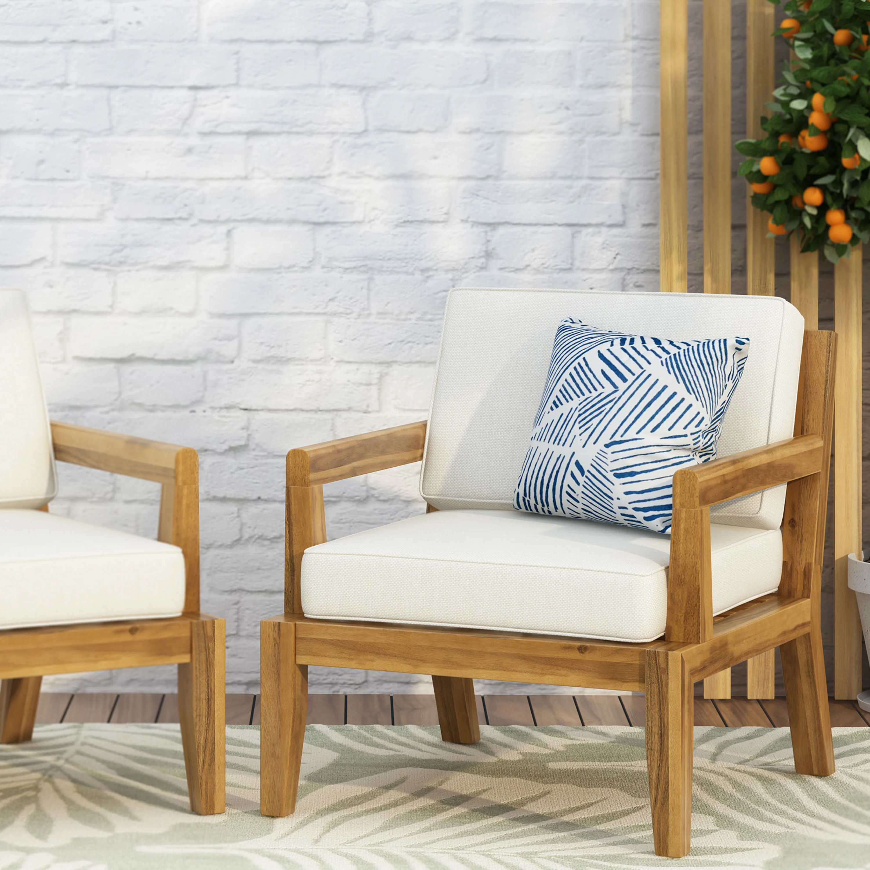 Camak Outdoor Acacia Wood Club Chair with Cushions, Teak and Beige - furnishings