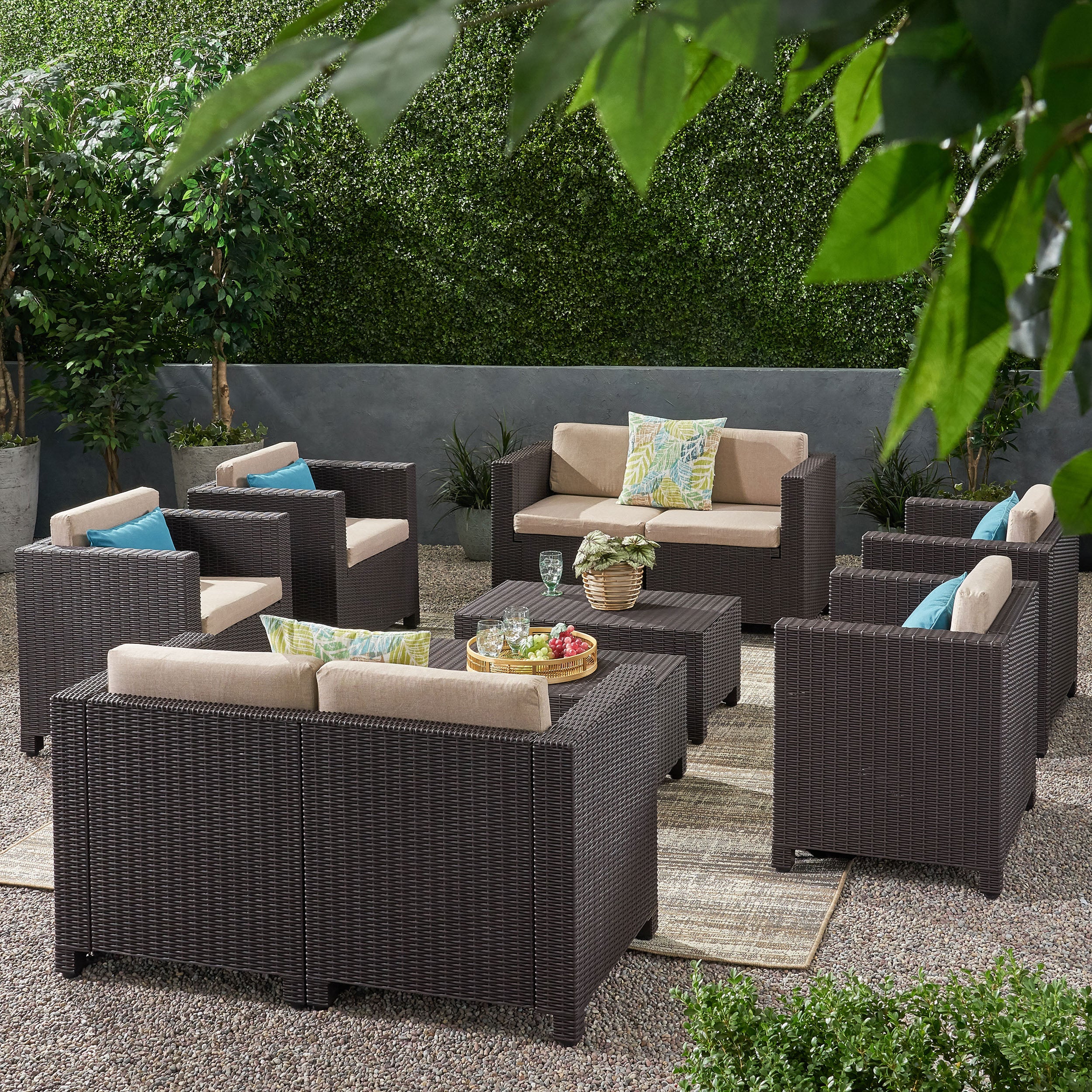 Farirra Outdoor Faux Wicker 8 Seater Chat Set with Cushions - furnishings