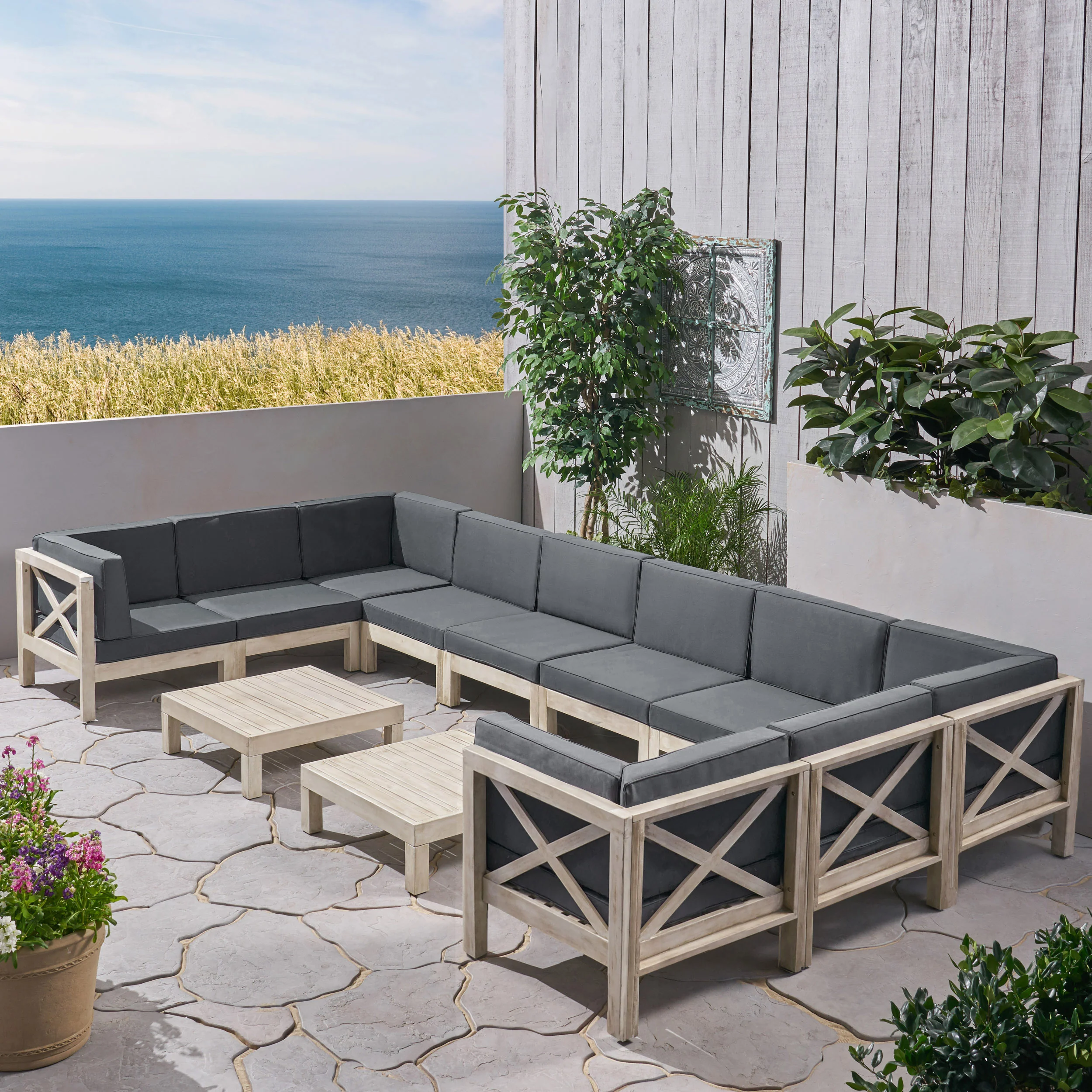 Cynthia Outdoor Acacia Wood 10 Seater U-Shaped Sectional Sofa Set with Two Coffee Tables - furnishings