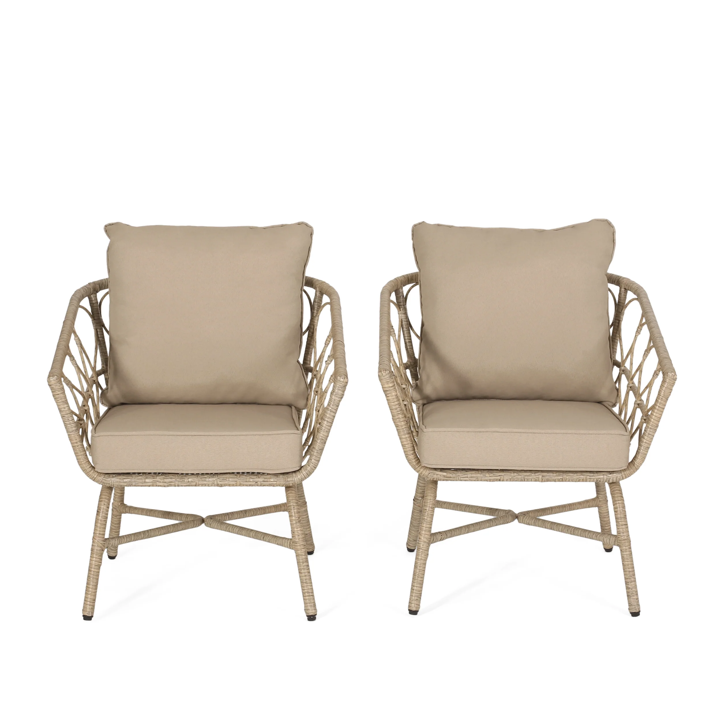 Colmar Outdoor Wicker Club Chairs with Cushions, Set of 2, Light Brown and Beige - furnishings