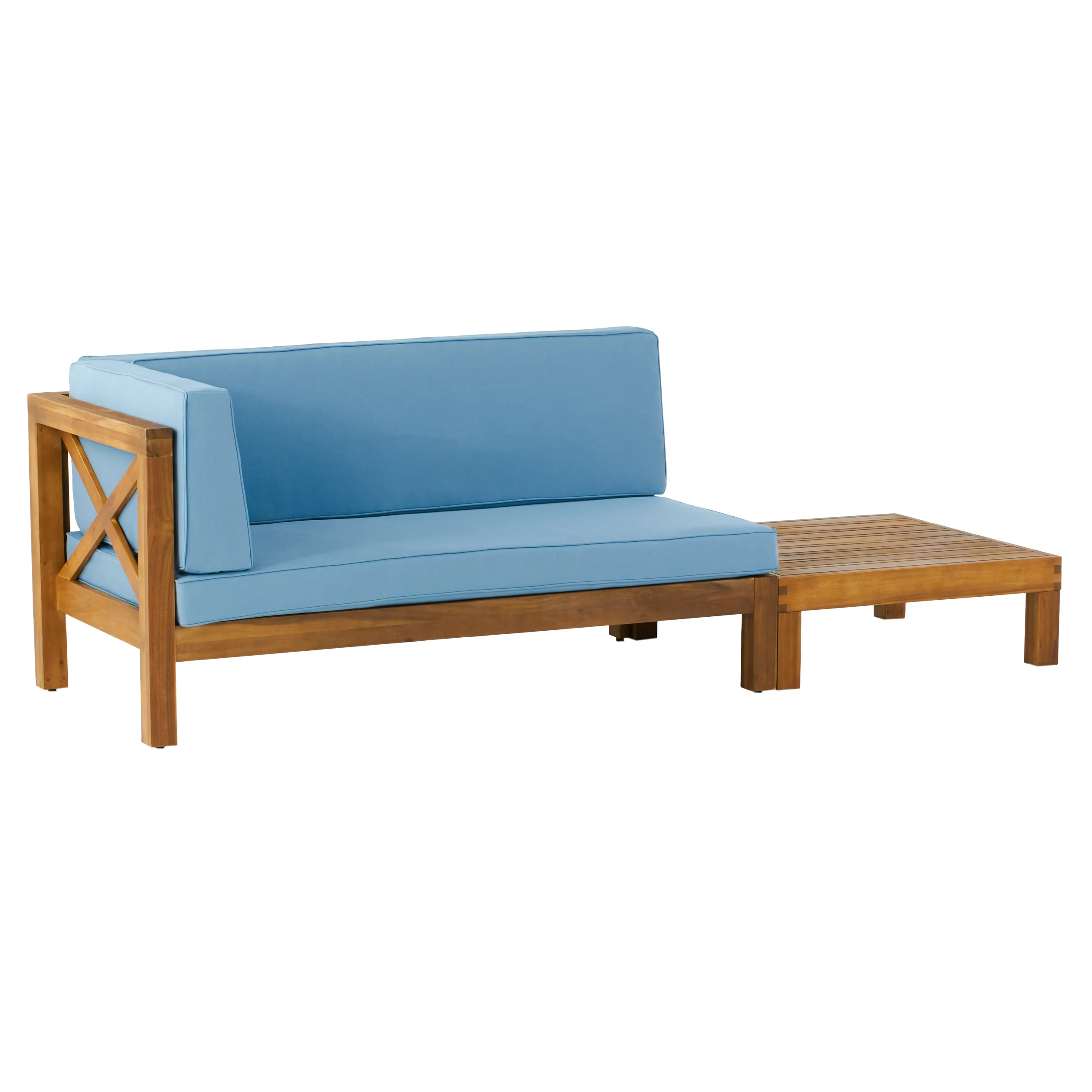 Keith Outdoor Acacia Wood Left Arm Loveseat and Coffee Table Set with Cushion - furnishings