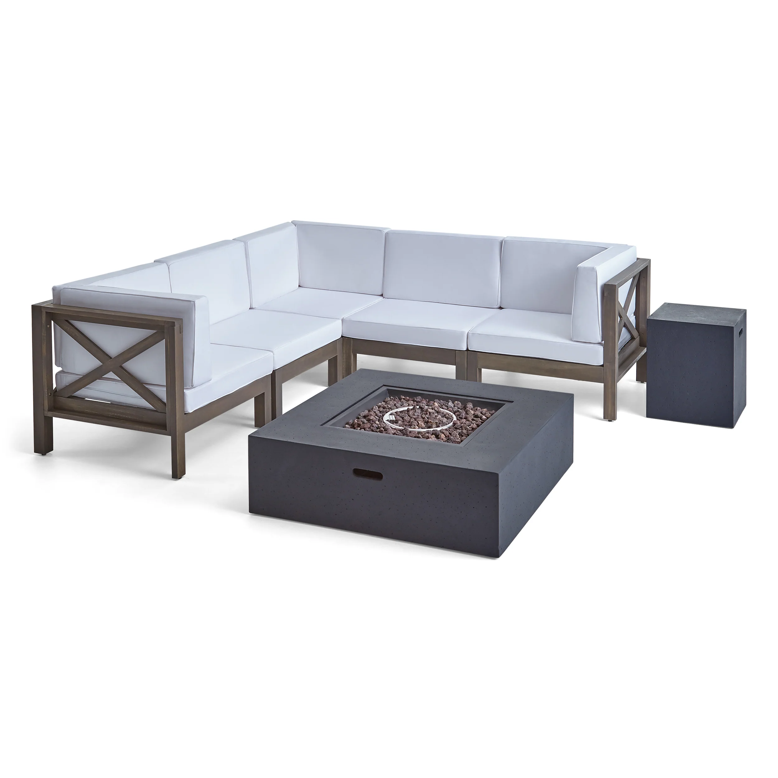 Cynthia Outdoor Acacia Wood 5 Seater Sectional Sofa Set with Fire Pit - furnishings