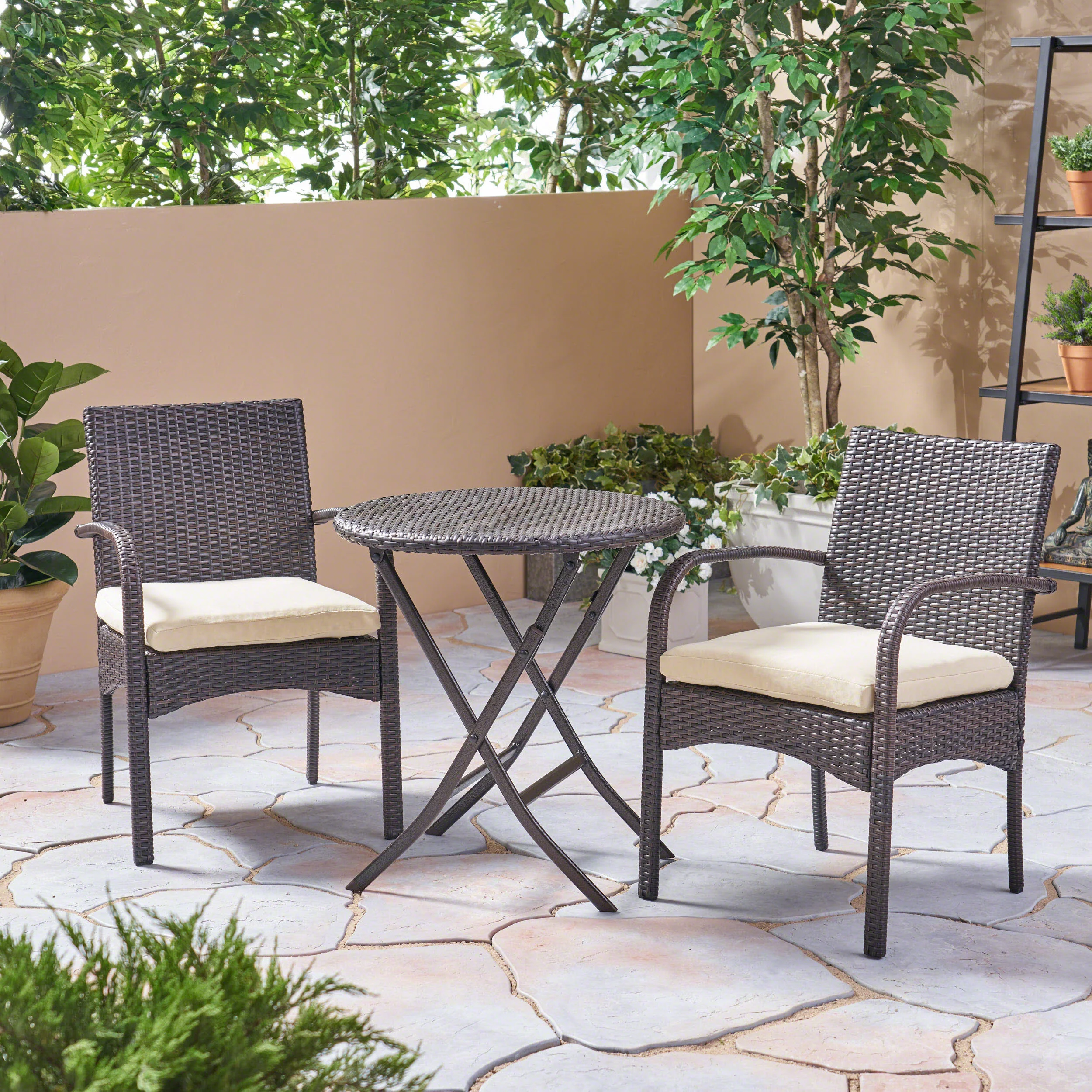 Kevin Outdoor 3 Piece Wicker Bistro Set, Multi Brown with Cream Cushion - furnishings
