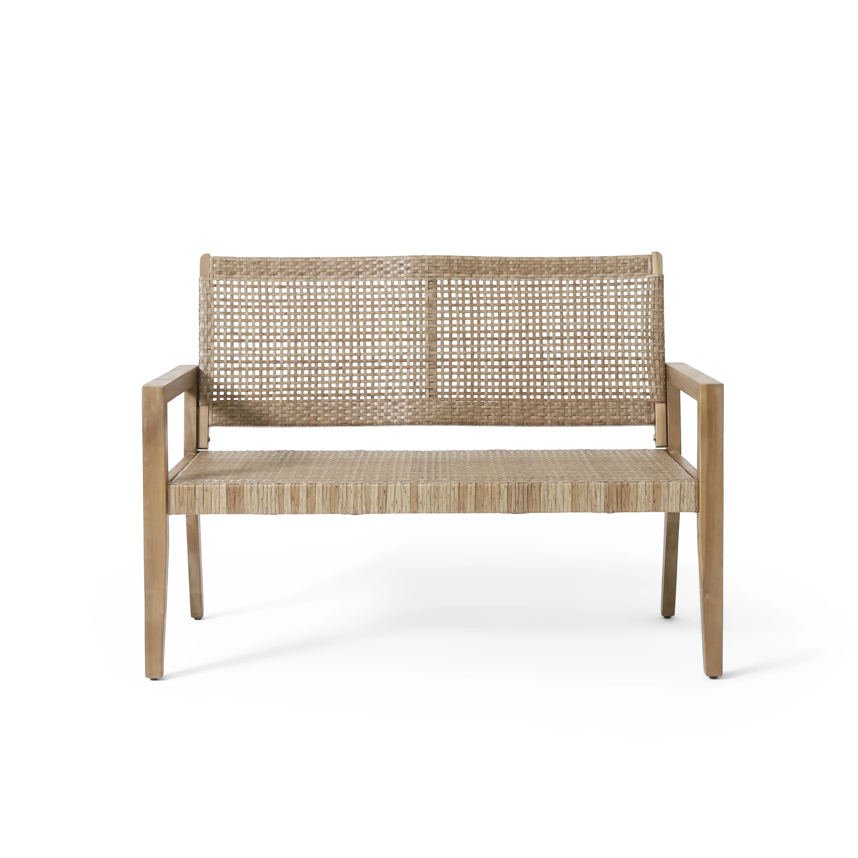 Elmcrest Outdoor Wicker and Acacia Wood 4 Seater Chat Set, Light Multibrown and Light Brown - furnishings