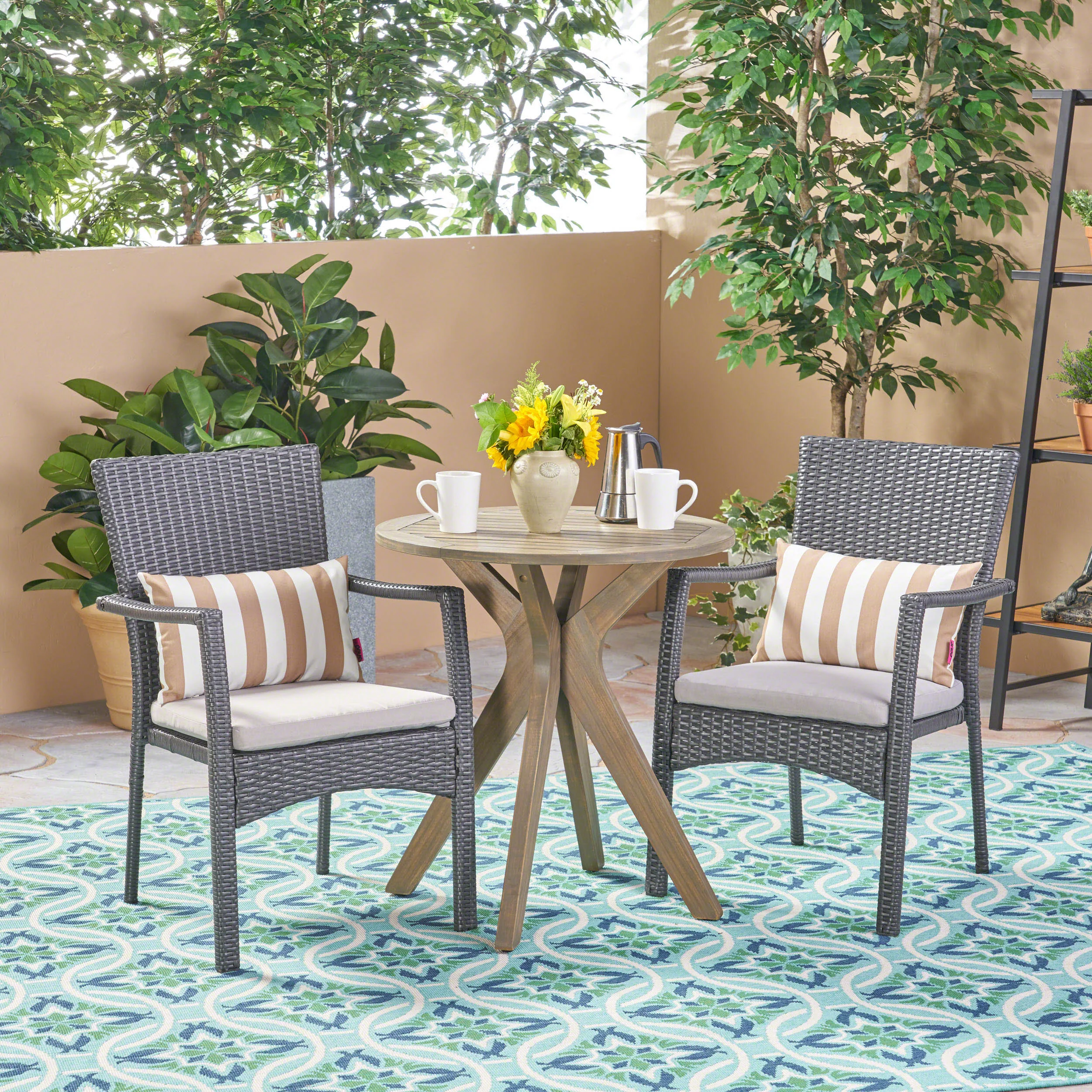 Kohler Outdoor 3 Piece Acacia Wood and Wicker Bistro Set - furnishings